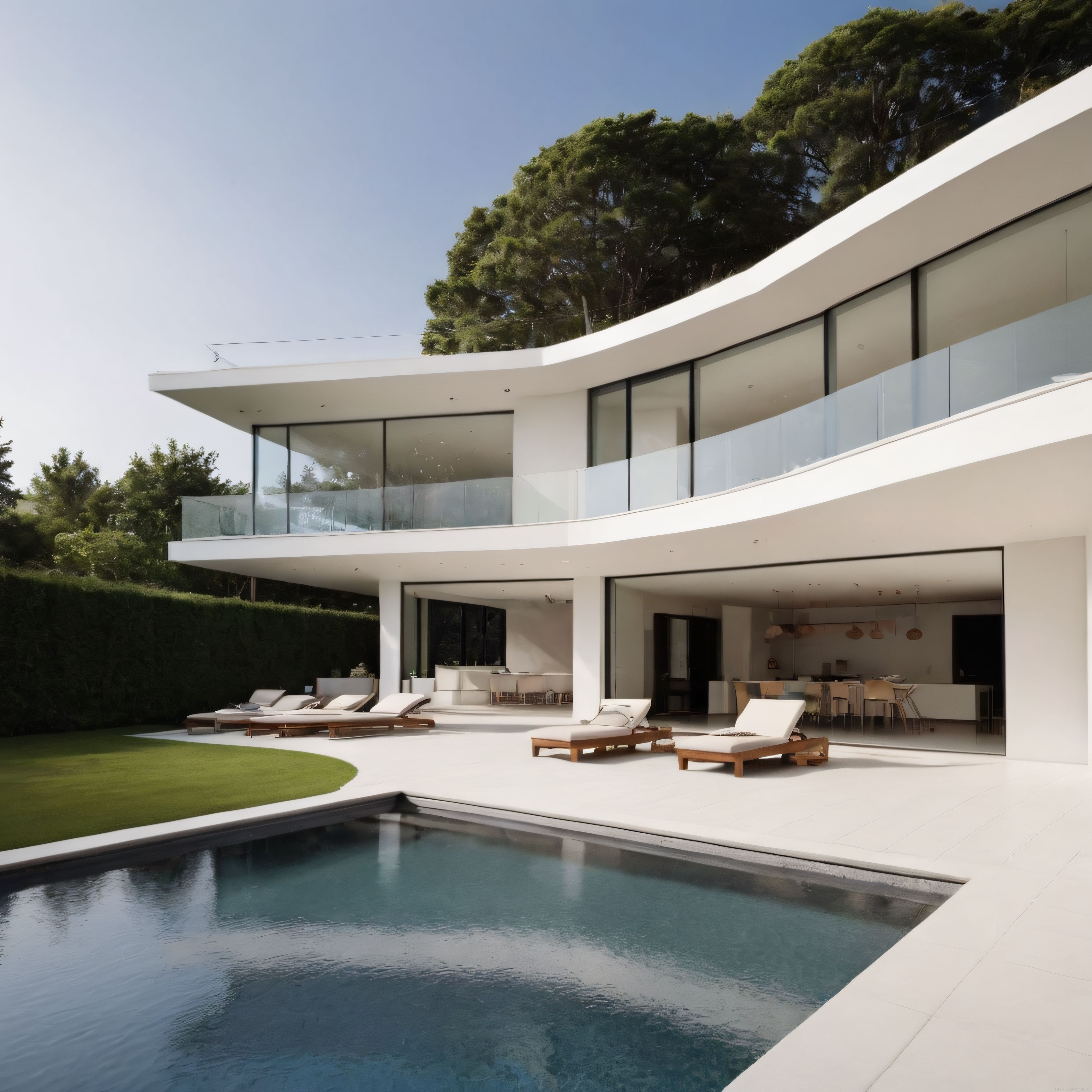 Yeşillikler İçindeki Eğrisel Çatılı Modern Villa ve Özel Yüzme Havuzu
