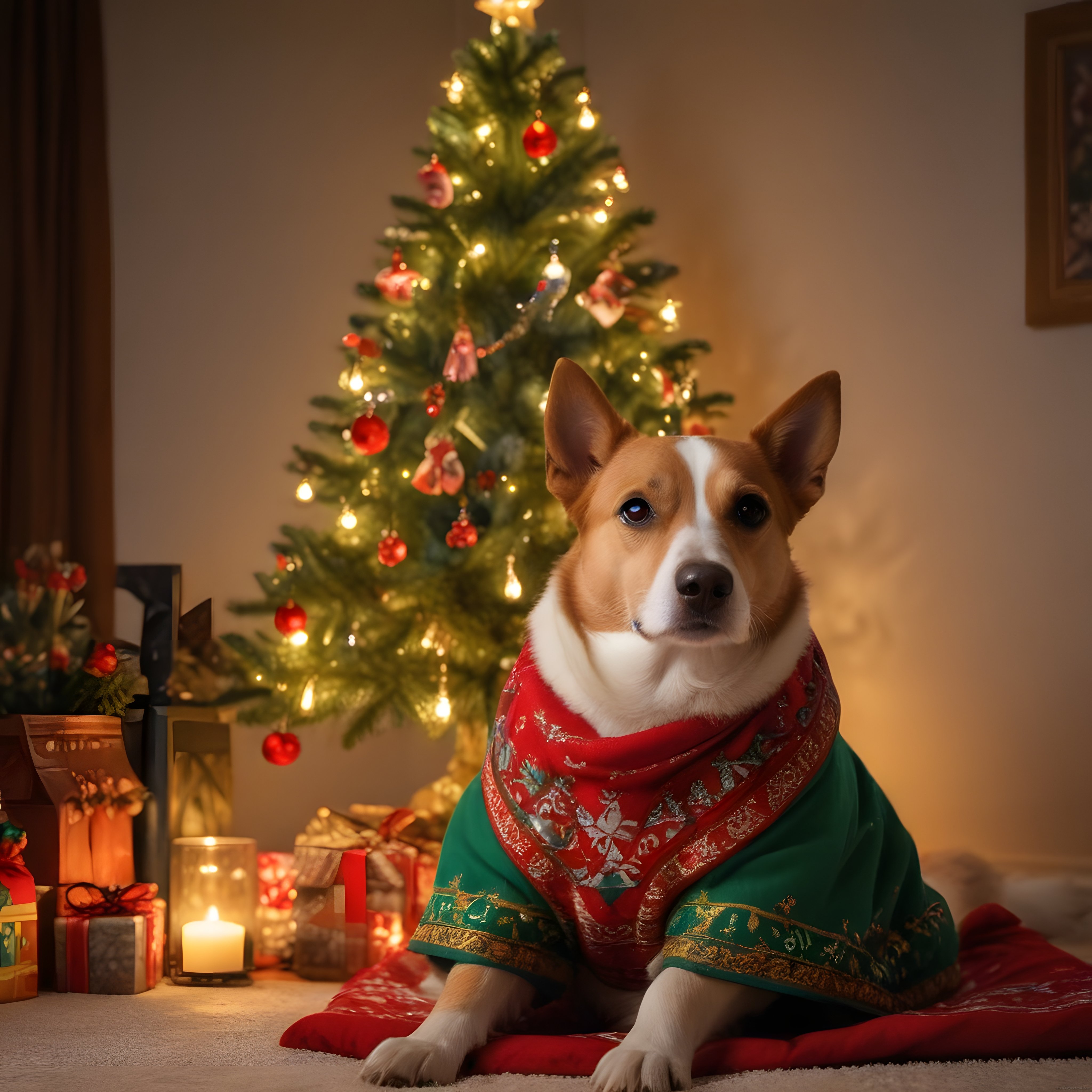 Yılbaşı Ağacı Önünde Geleneksel Kıyafetli Sevimli Corgi Köpeği Portresi