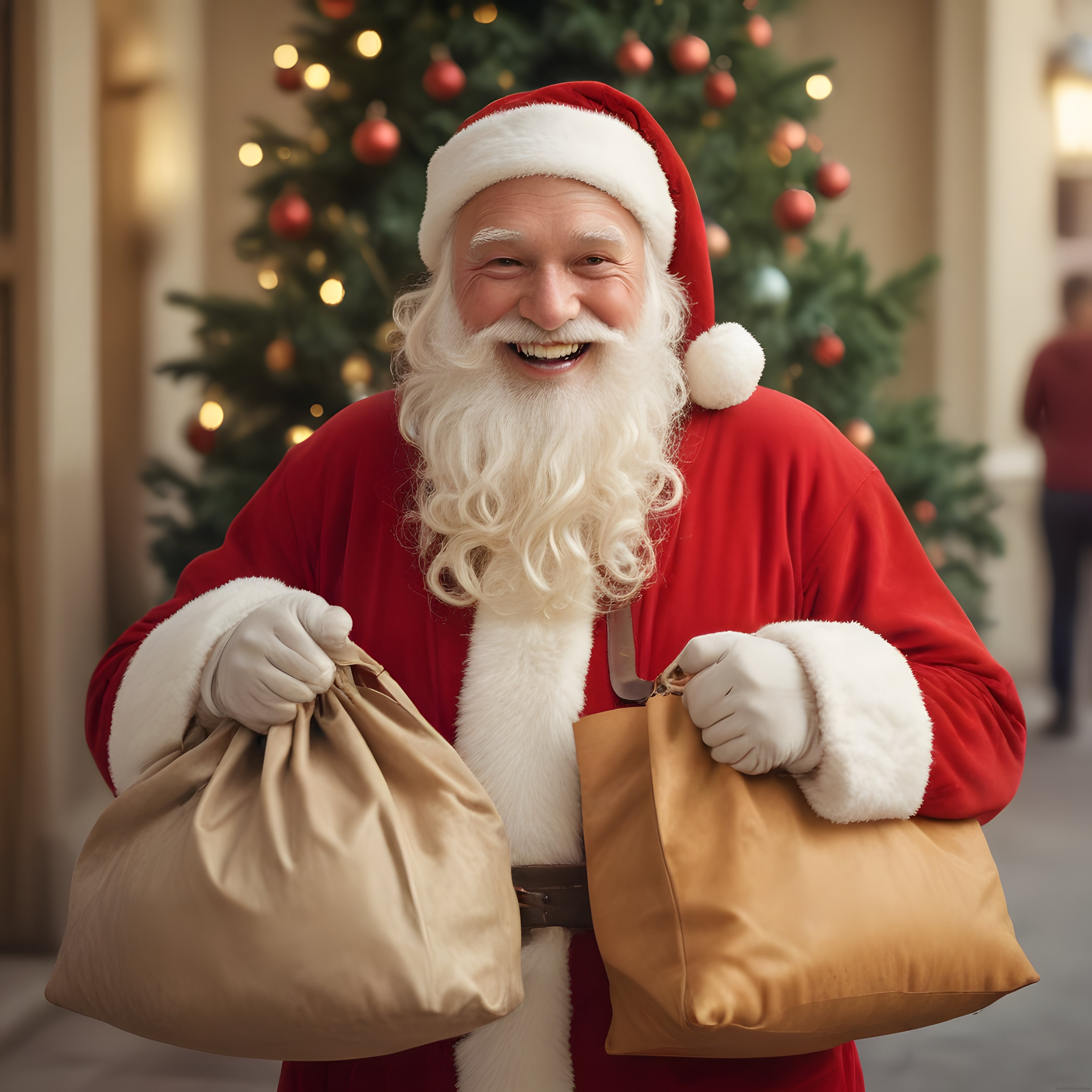 Yılbaşı Ağacı Önünde Gülümseyen Noel Baba İki Hediye Çuvalı Tutuyor
