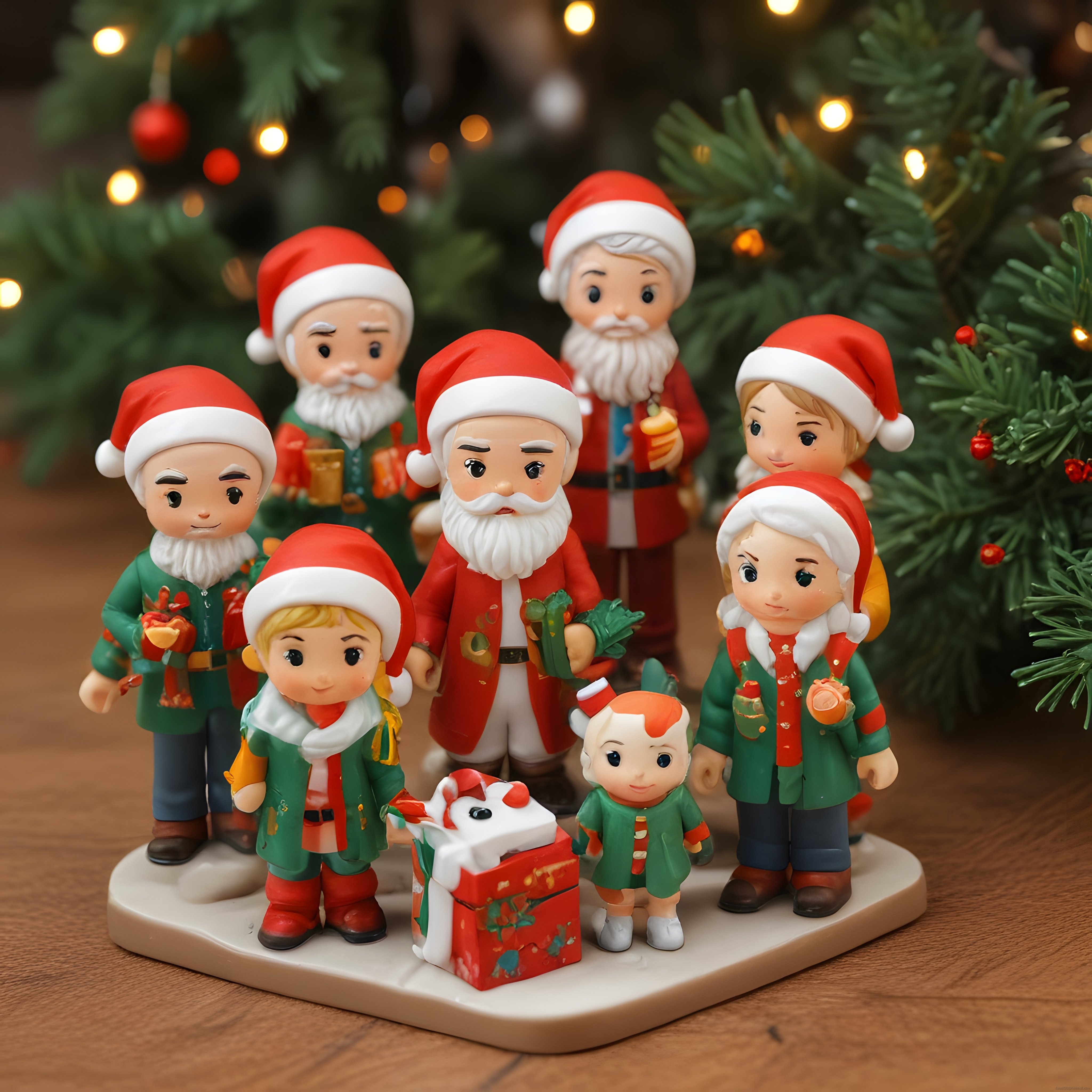 Yılbaşı Ağacı Önünde Noel Baba Ailesi ve Hediye Kutusunda Köpek Biblosu