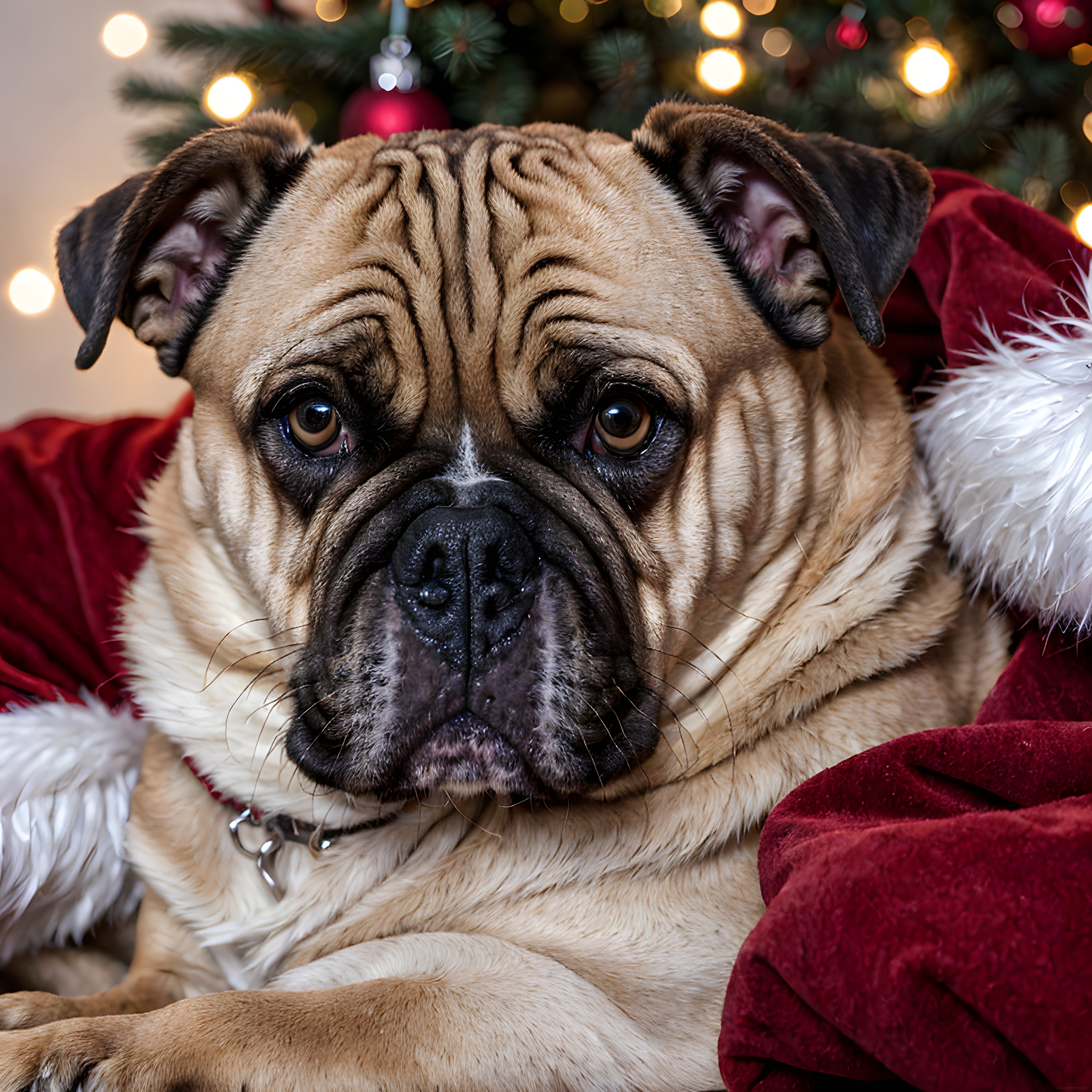 Yılbaşı Ağacı Önünde Noel Baba Kıyafetli Üzgün Bakışlı Pug Köpek