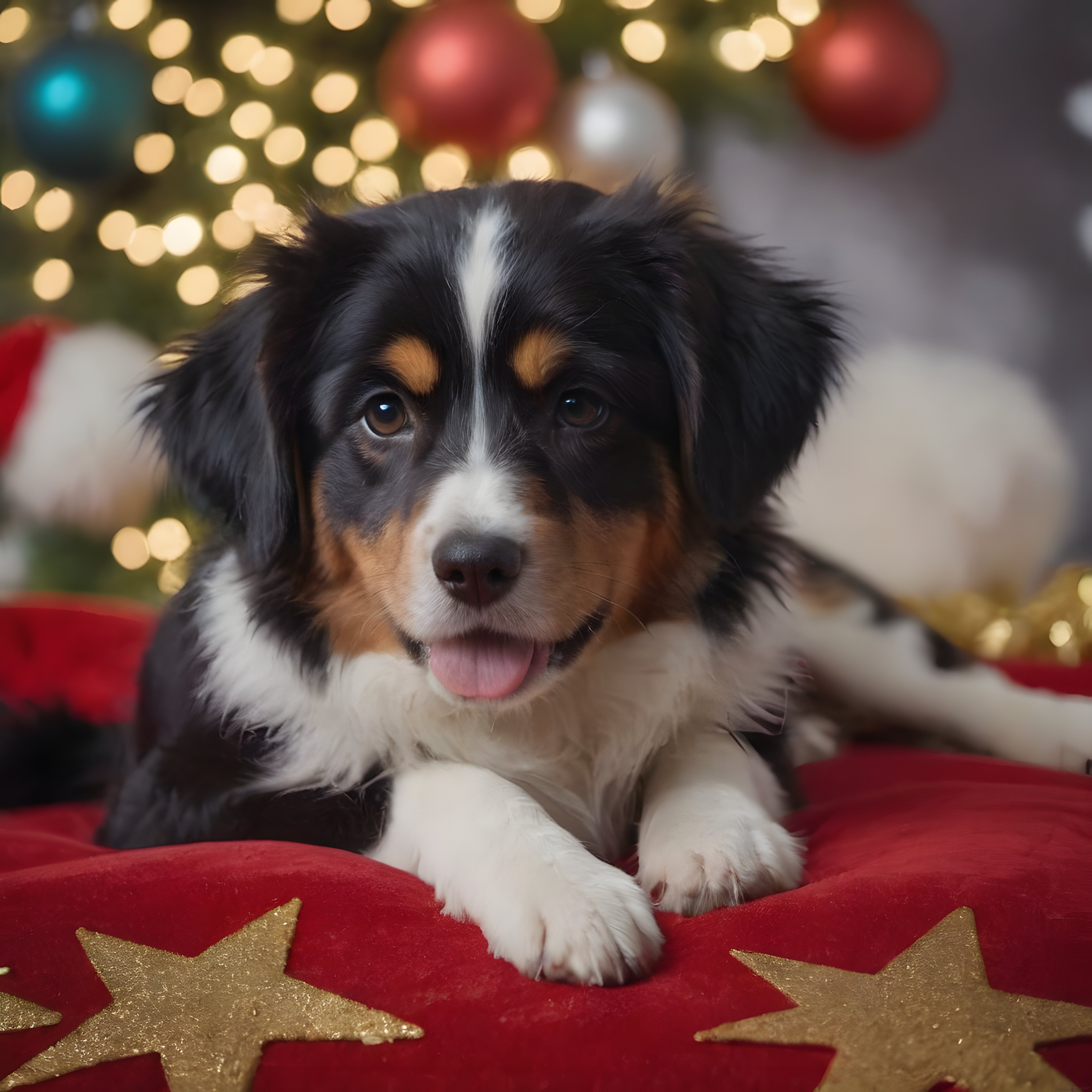 Yılbaşı Ağacı Önünde Oturan Sevimli ve Tatlı Bernese Dağ Köpeği Yavrusu