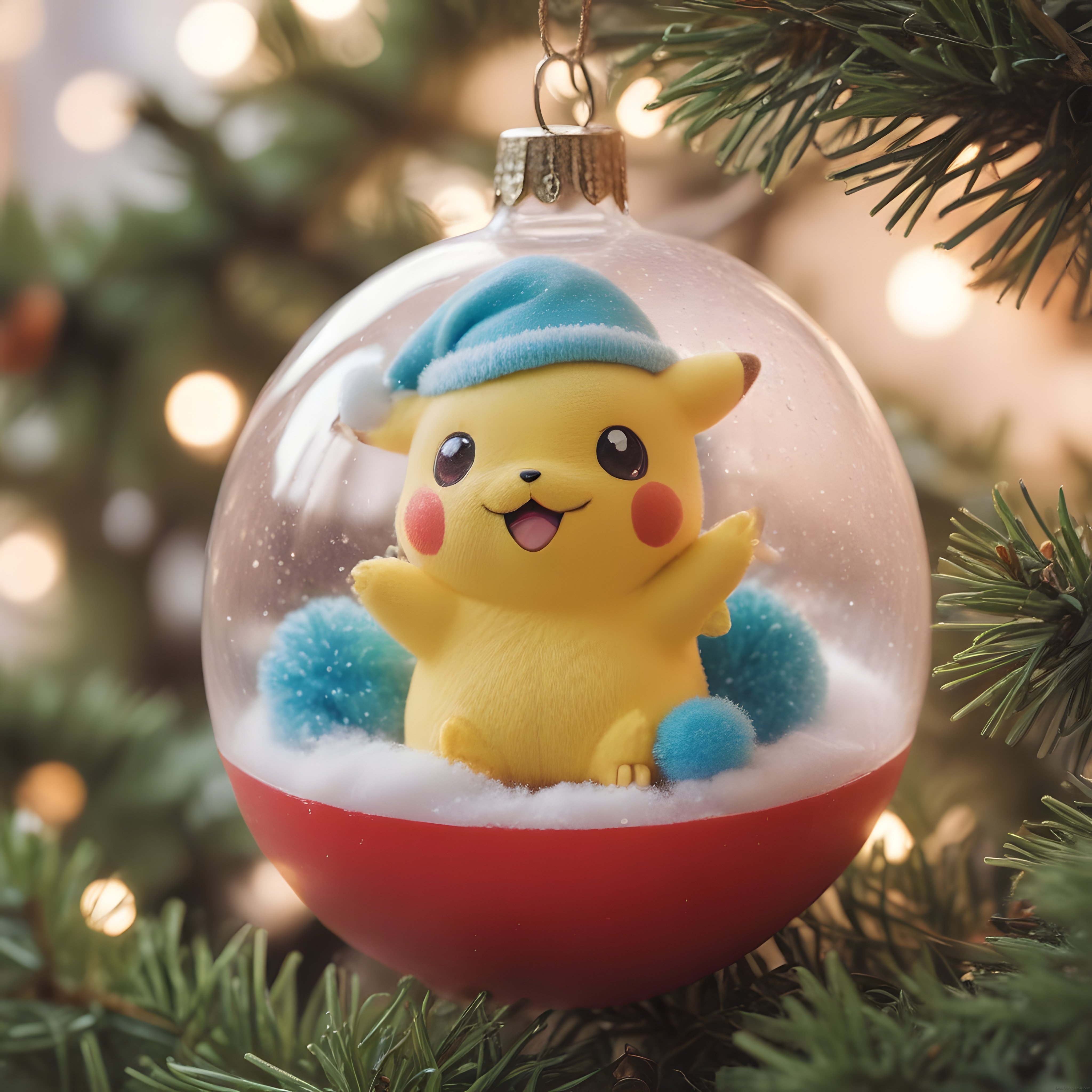 Yılbaşı Ağacında Işıltılı Cam Top İçinde Mavi Şapkalı Sevimli Pikachu Süsü