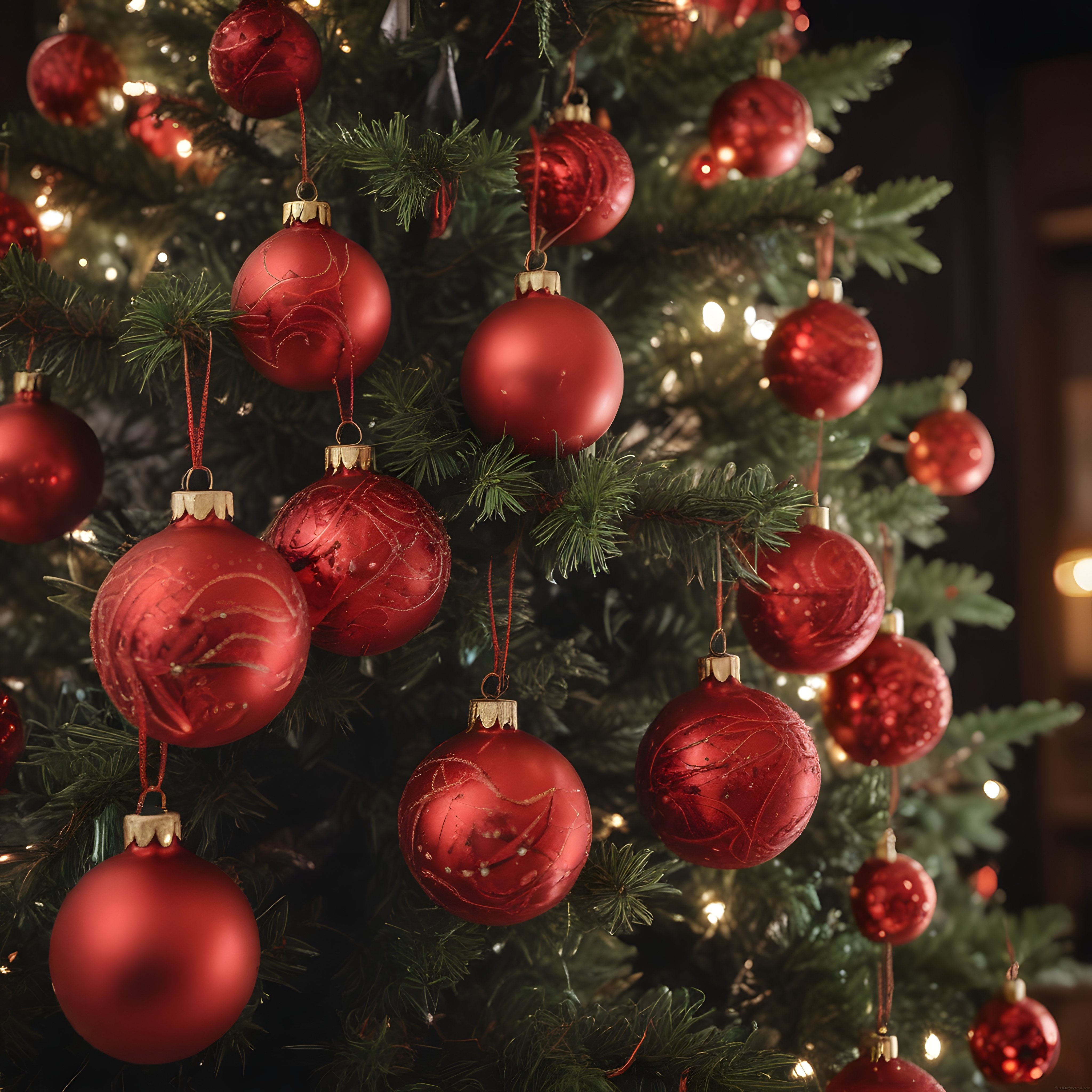 Yılbaşı Ağacında Parlayan Kırmızı Süs Topları ve Sıcak Festive Atmosfer