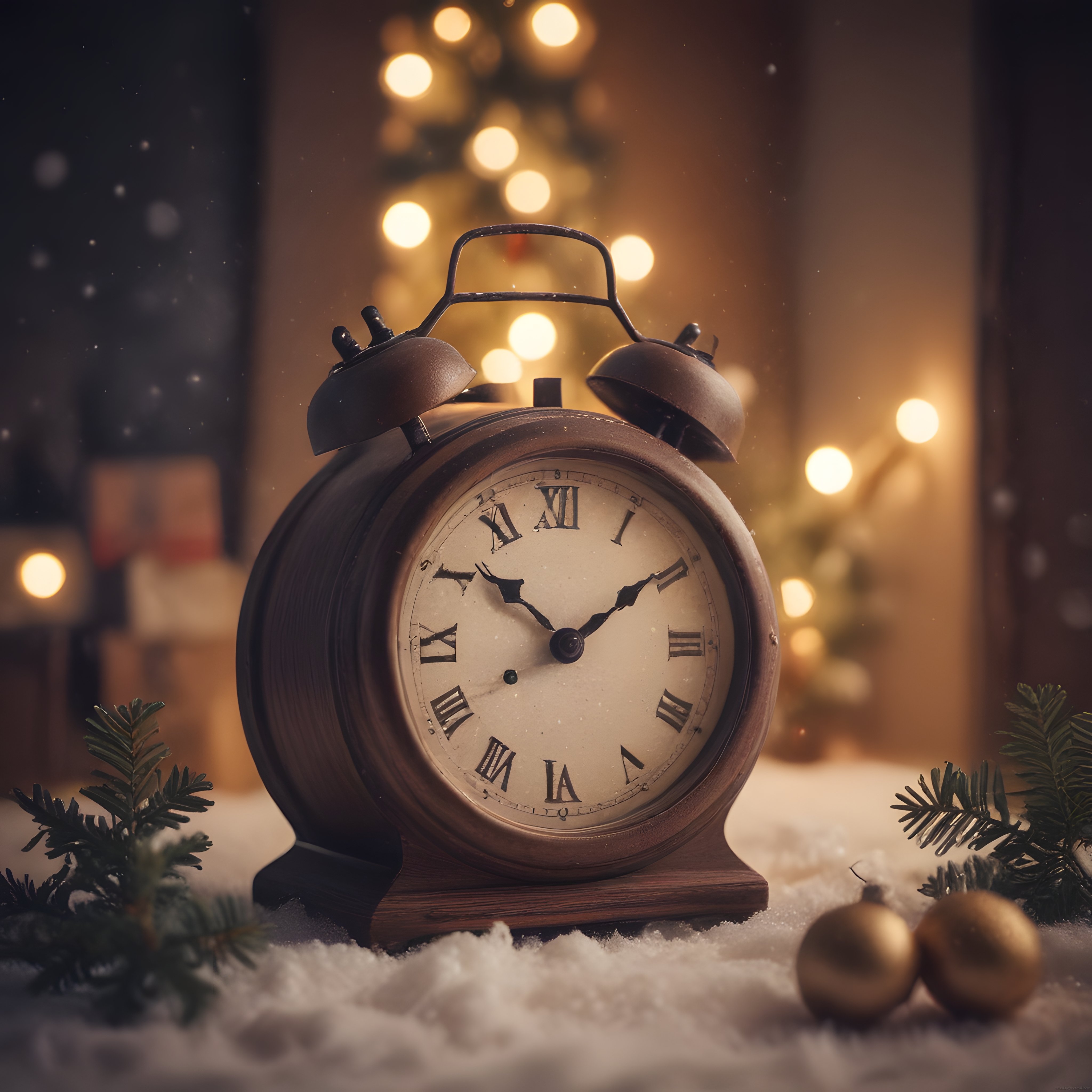Yılbaşı Akşamında Karlı Nostaljik Antika Saat ve Sıcak Bokeh Işıkları