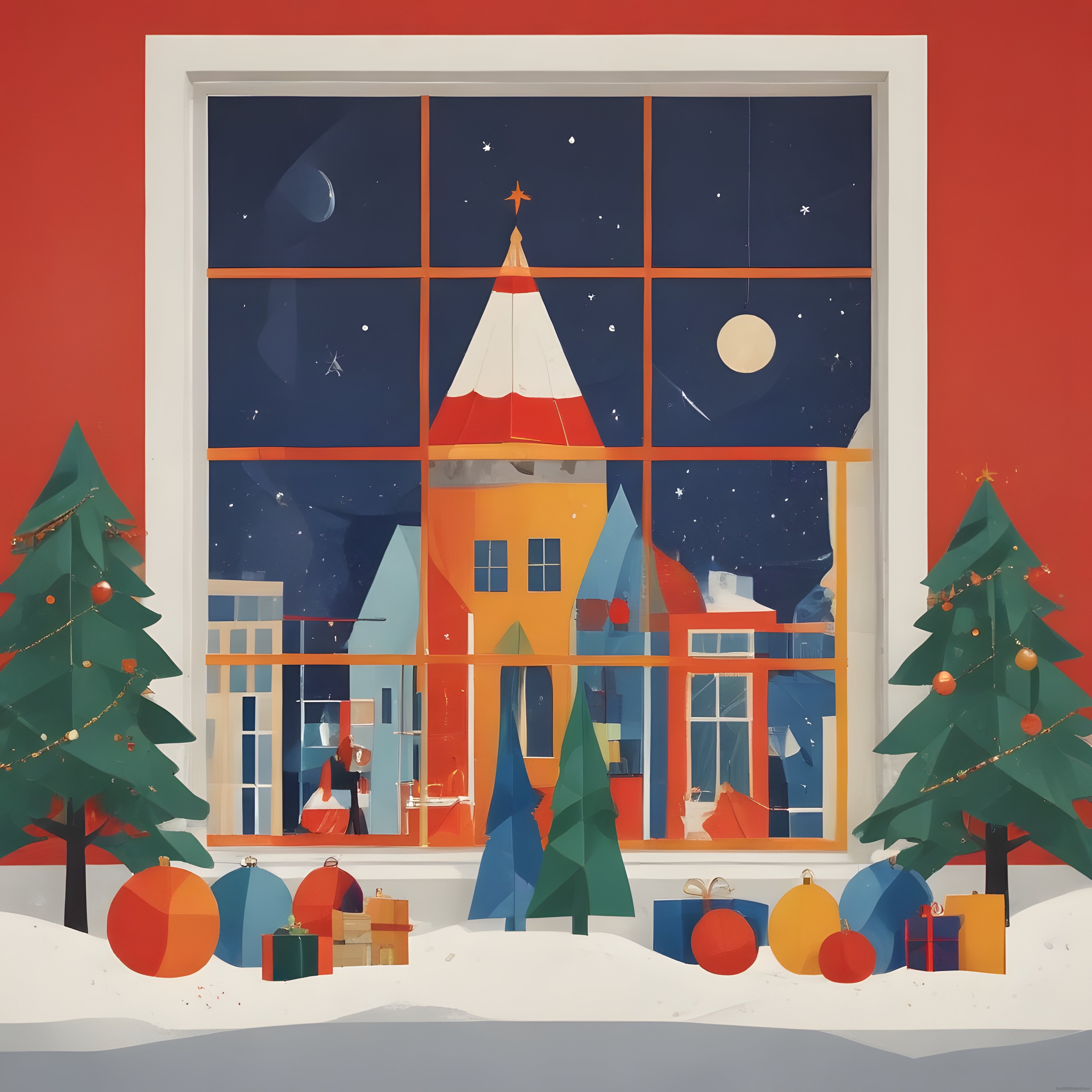 yılbaşı akşamında karlı pencere önü noel dekorasyon illüstrasyonu