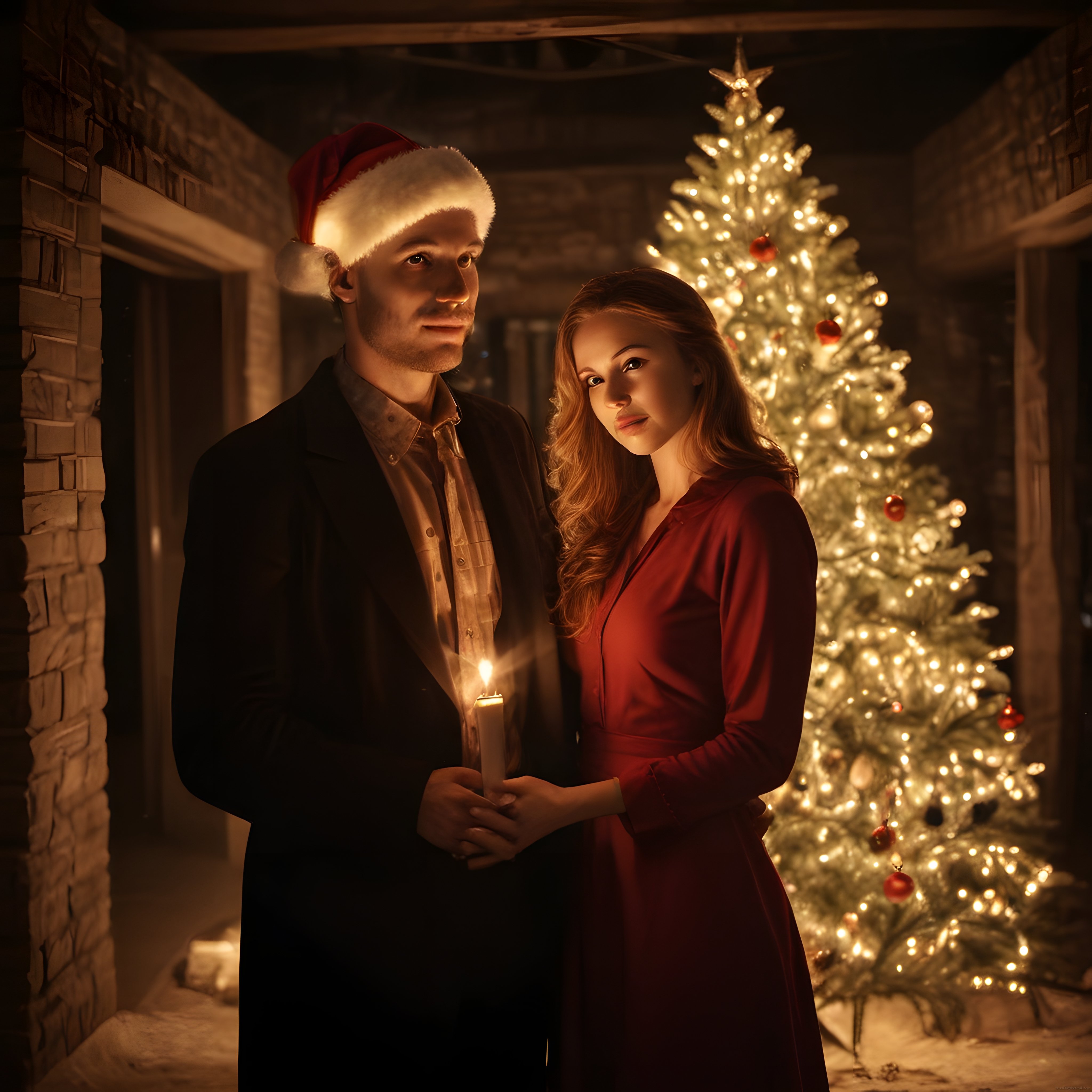 Yılbaşı Akşamında Mum Işığında Poz Veren Romantik Çift ve Işıldayan Noel Ağacı