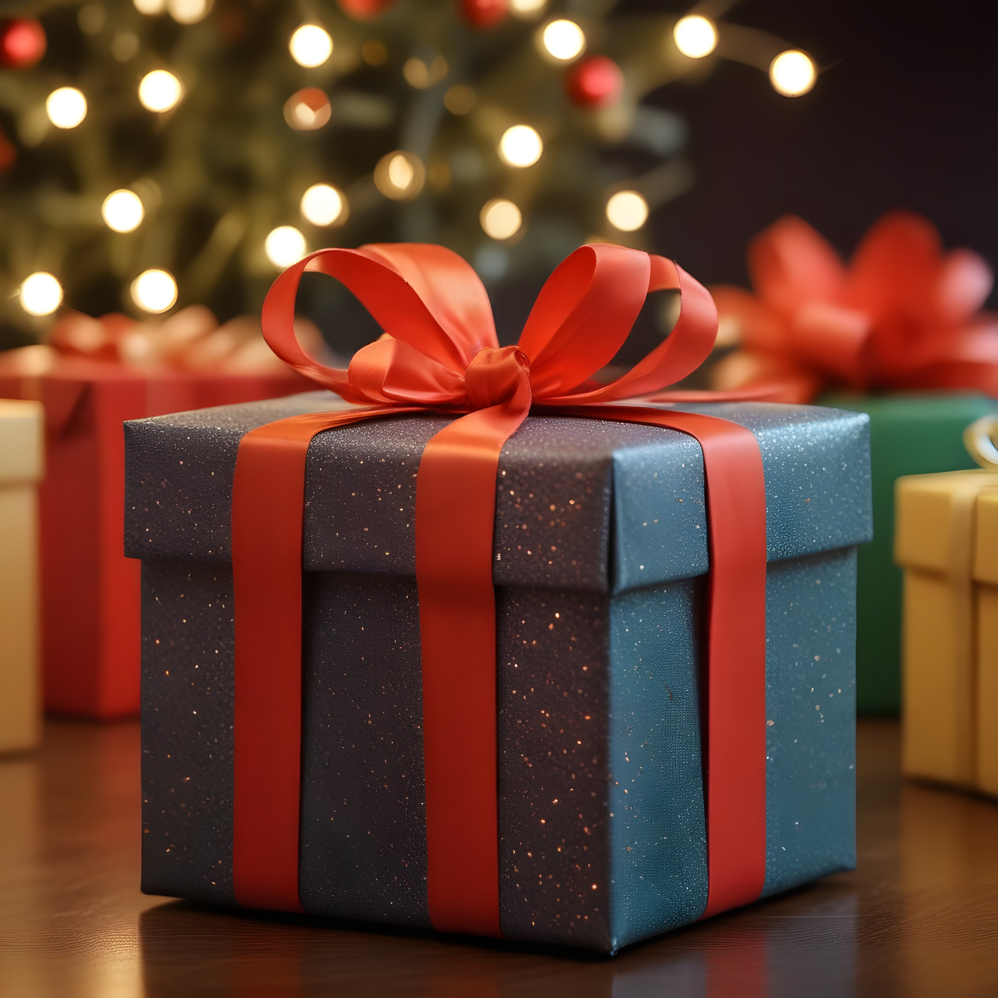 Yılbaşı Gecesi Işıltılı Kurdeleli Mavi Hediye Kutusu ve Noel Ağacı