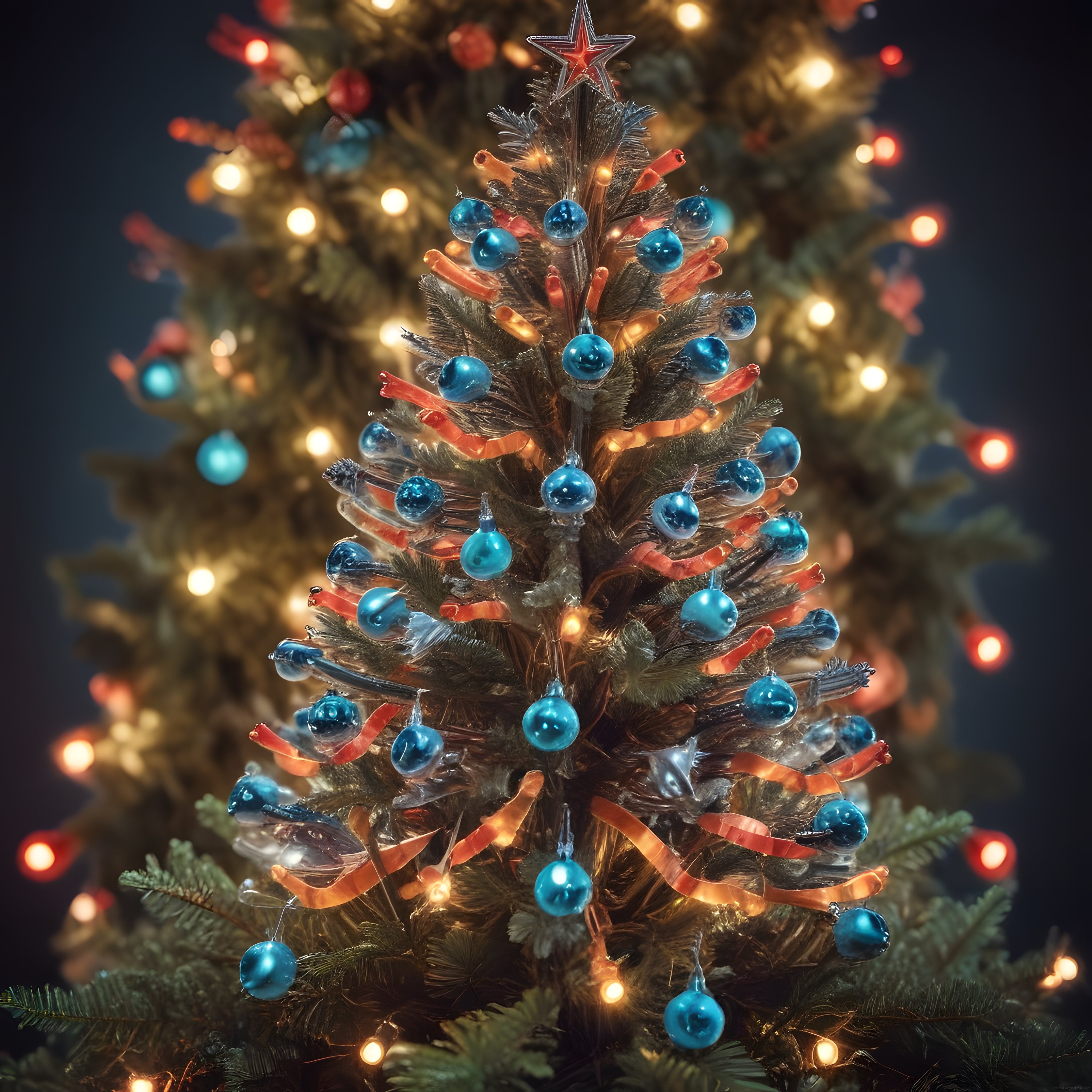 Yılbaşı Gecesi Mavi Toplar ve Işıklarla Süslenmiş Sıcacık Noel Ağacı Manzarası