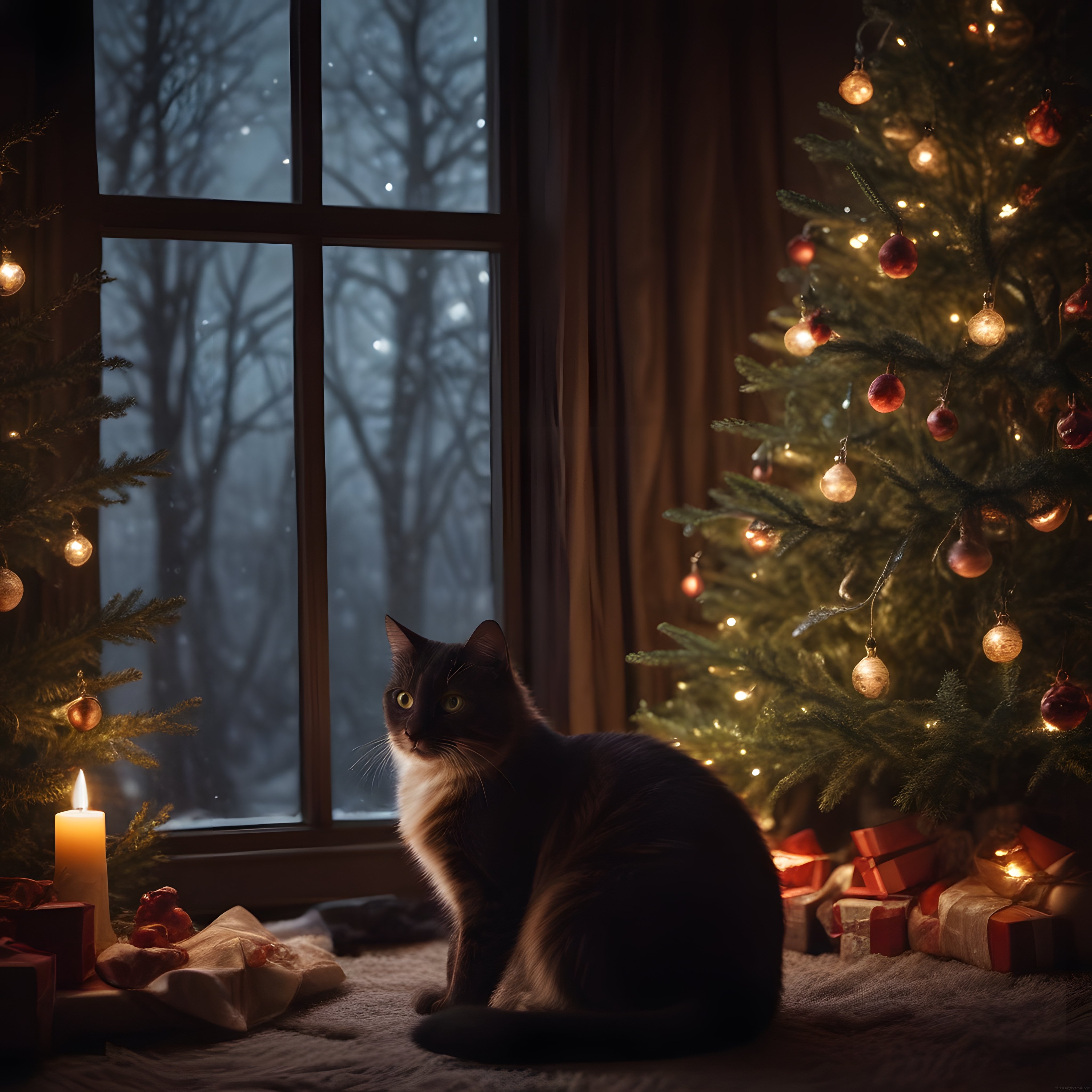 Yılbaşı Gecesi Pencere Kenarında Siyah Beyaz Kedi ve Işıltılı Süsler