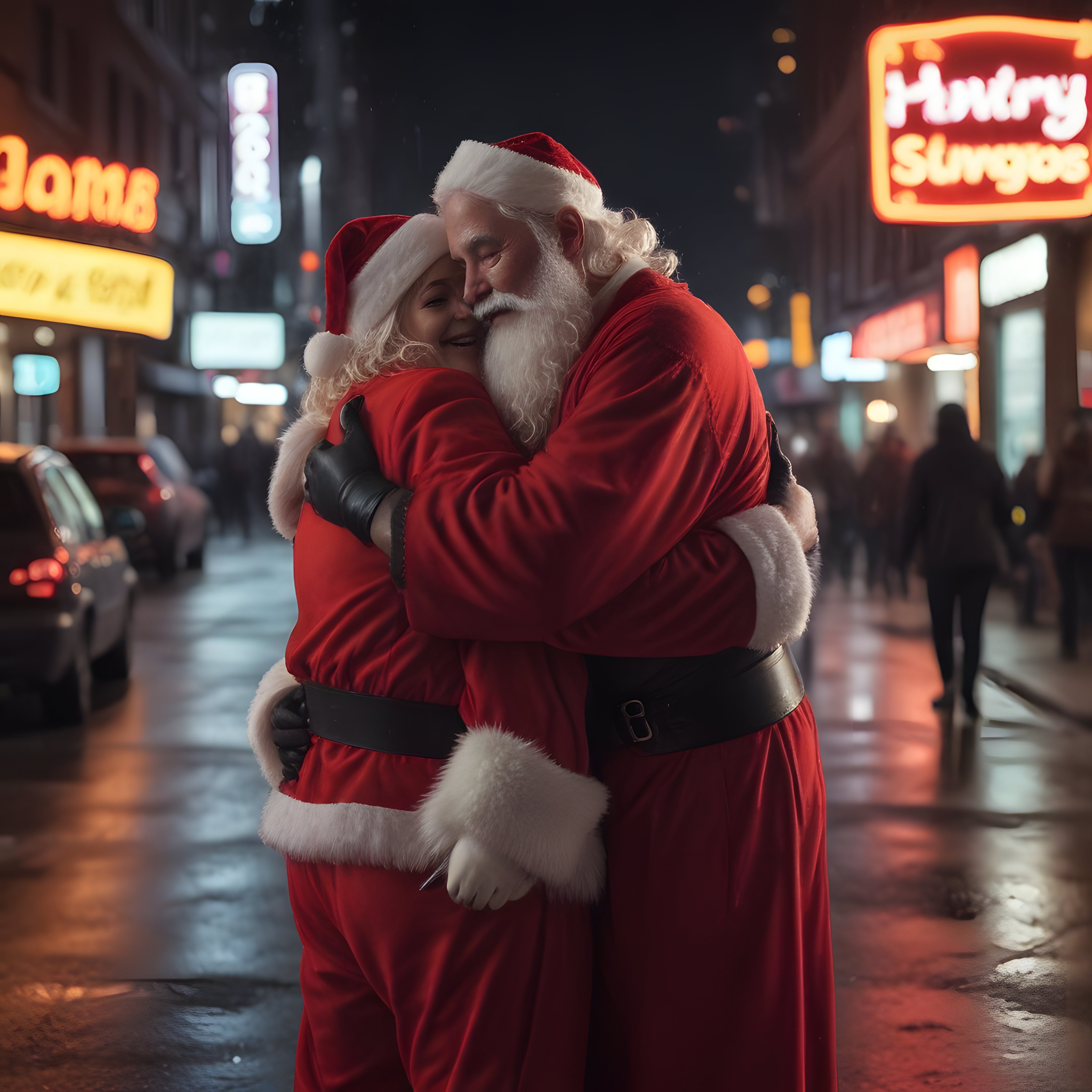 Yılbaşı Gecesi Sokakta Kucaklaşan Noel Baba Kostümlü Çiftin Romantik Anı