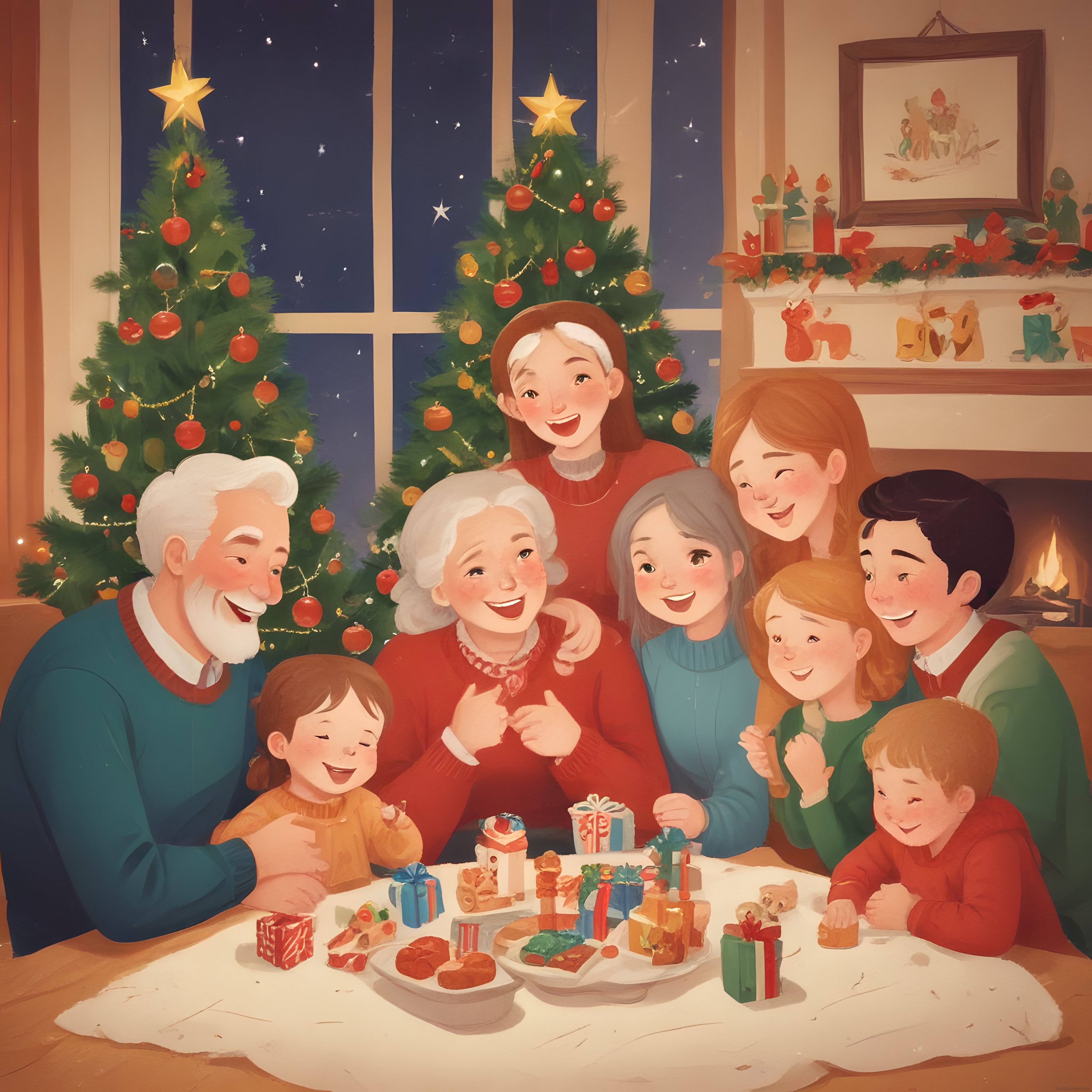 Yılbaşı gecesi şömine başında hediyelerle mutlu üç nesil aile buluşması
