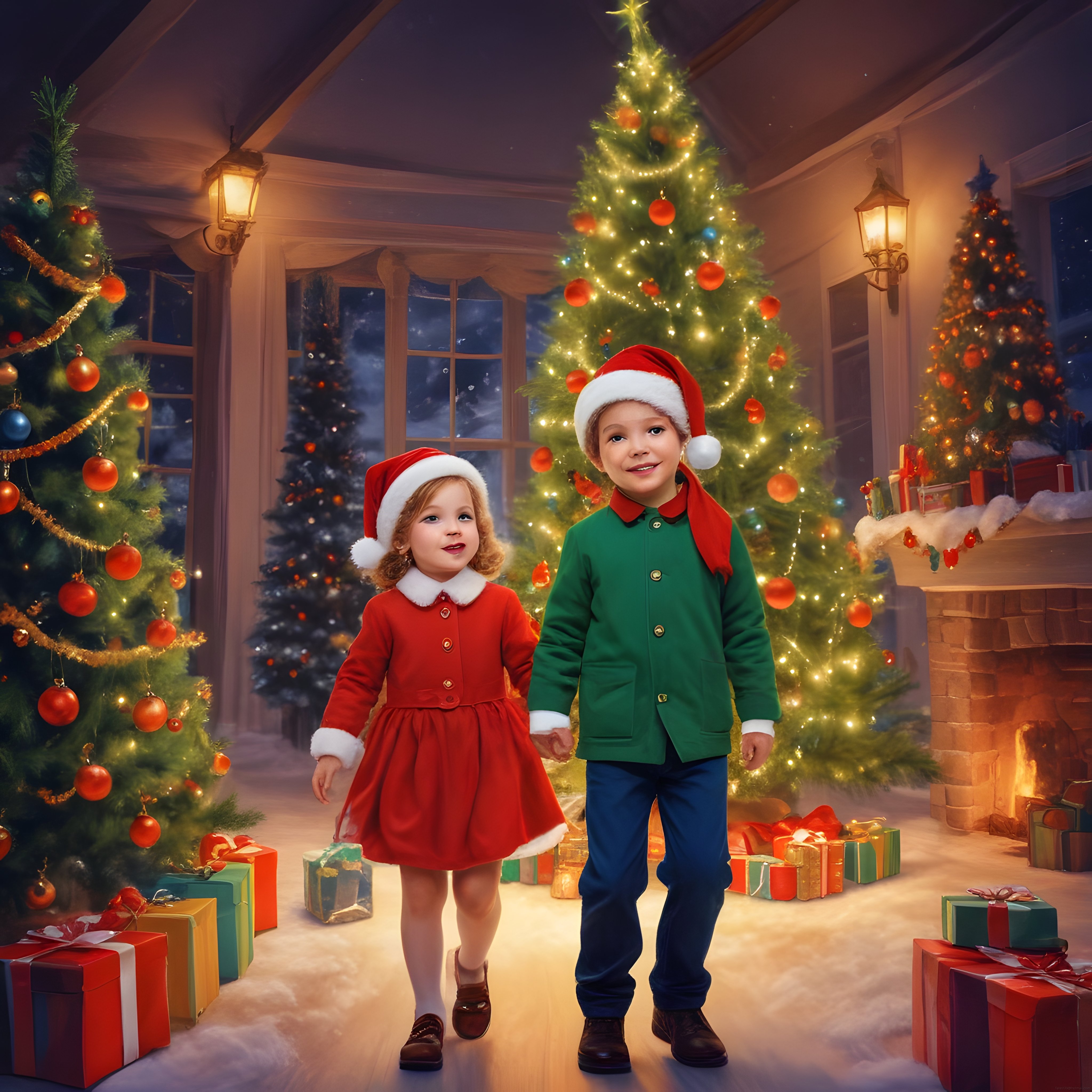 Yılbaşı Gecesi Süslenmiş Odada Noel Kıyafetli İki Çocuk ve Hediyeler