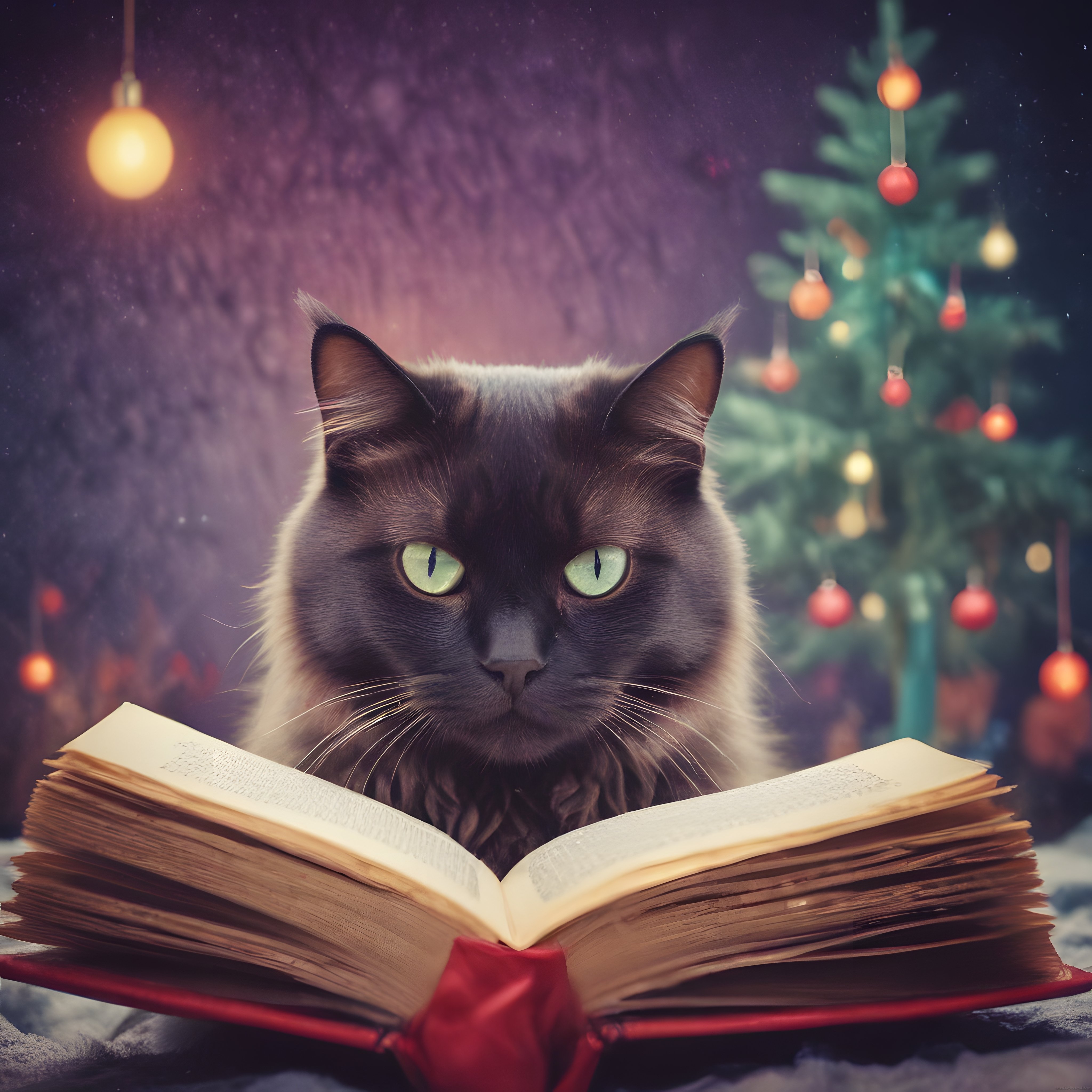 Yılbaşı Gecesinde Kitap Okuyan Uzun Tüylü Gri Kedi ve Sihirli Atmosfer