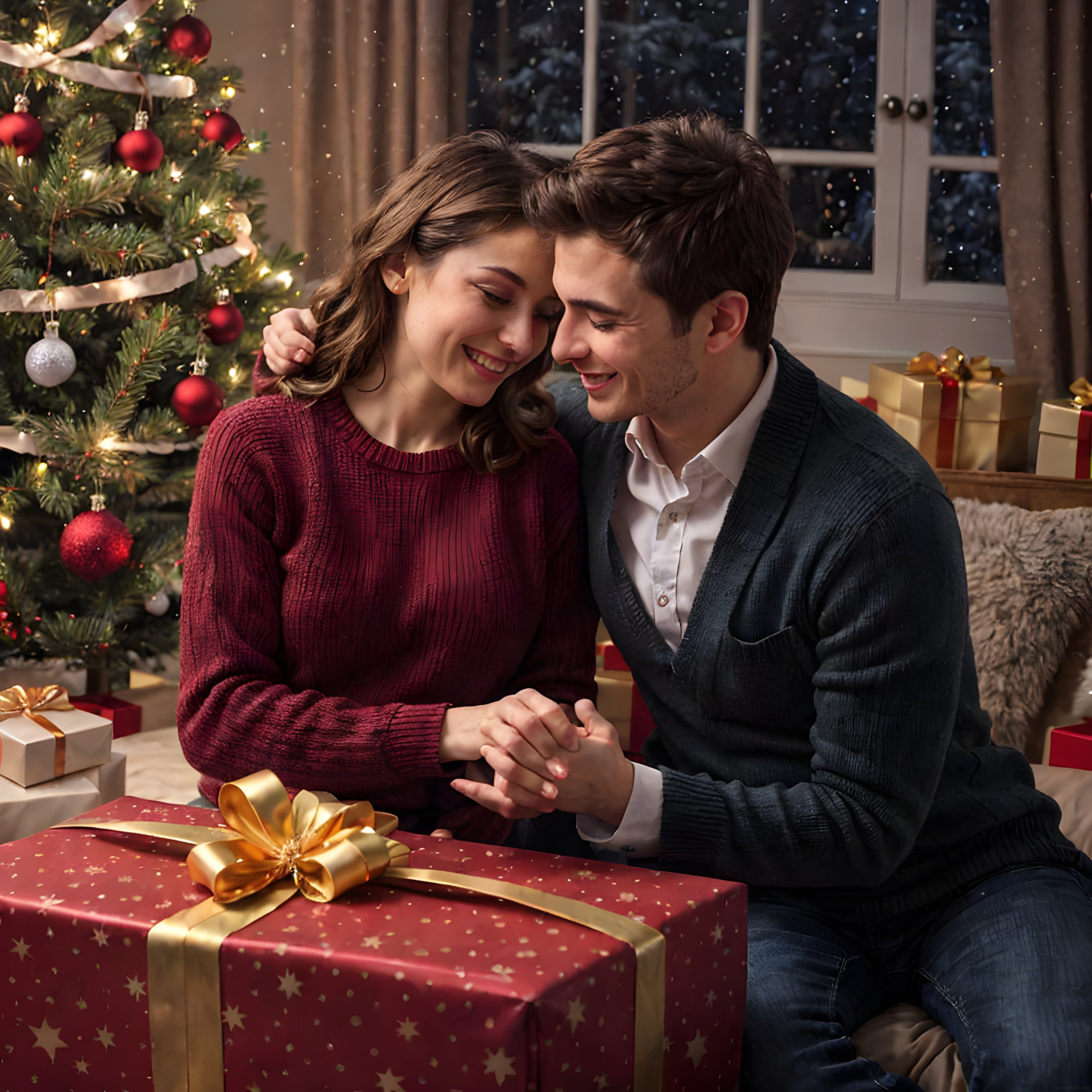 yılbaşı gecesinde noel ağacı önünde romantik anlar yaşayan genç çift