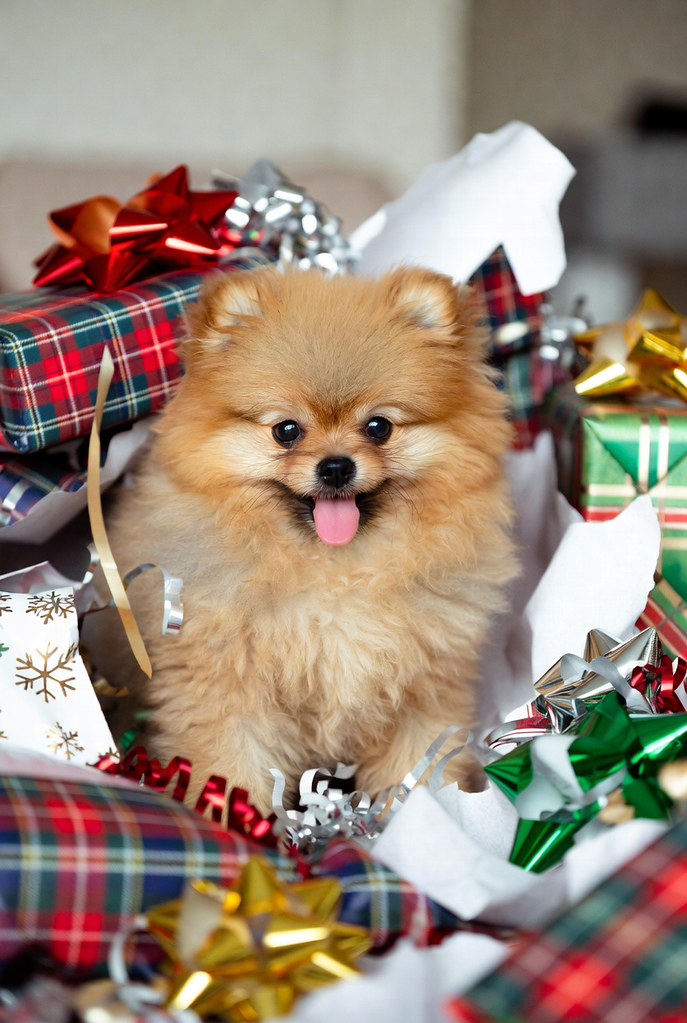 Yılbaşı Hediyeleri Arasında Gülümseyen Sevimli Pomeranian Köpek Yavrusu