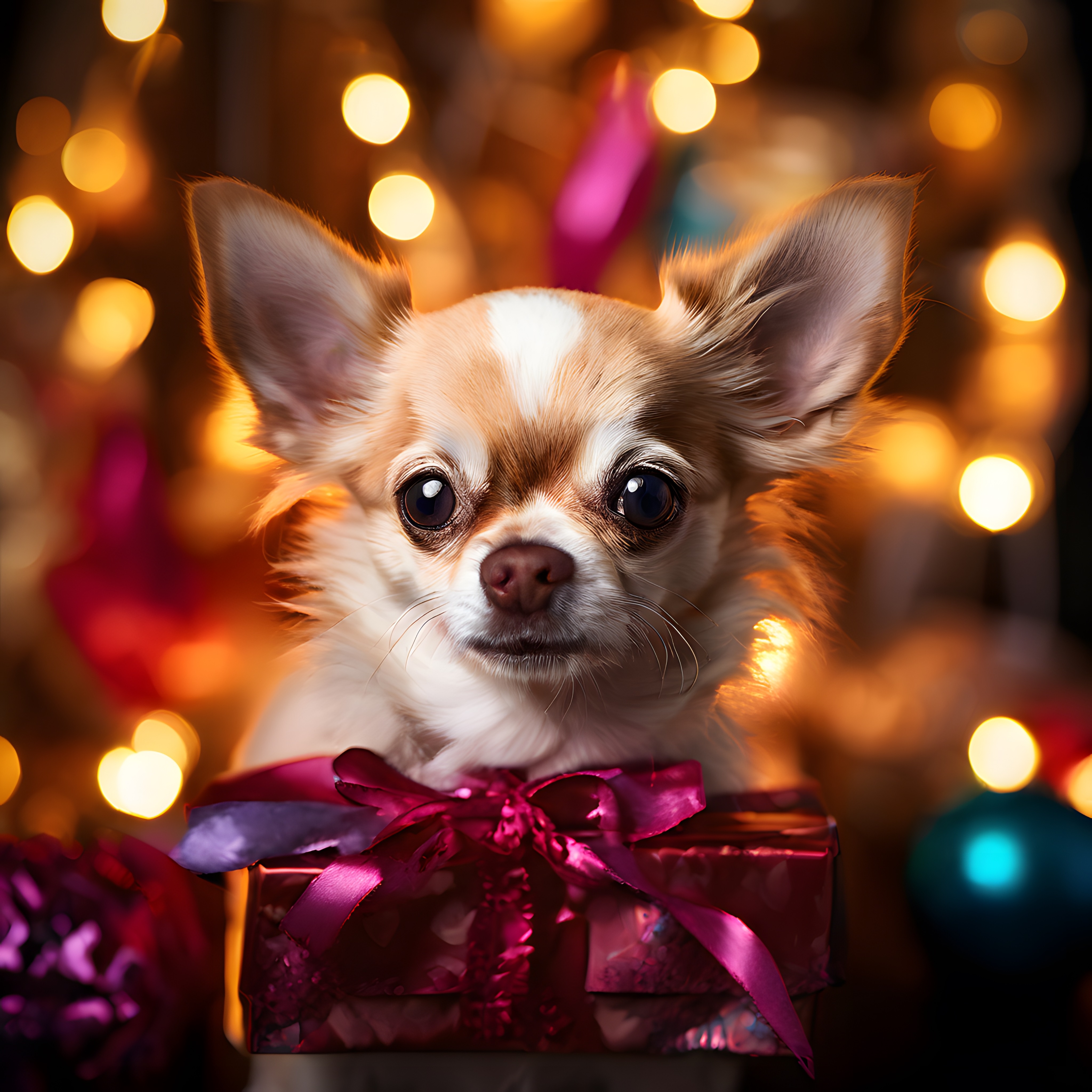 Yılbaşı Işıkları Arasında Hediye Kutusu İçinde Sevimli Chihuahua Köpek Portresi
