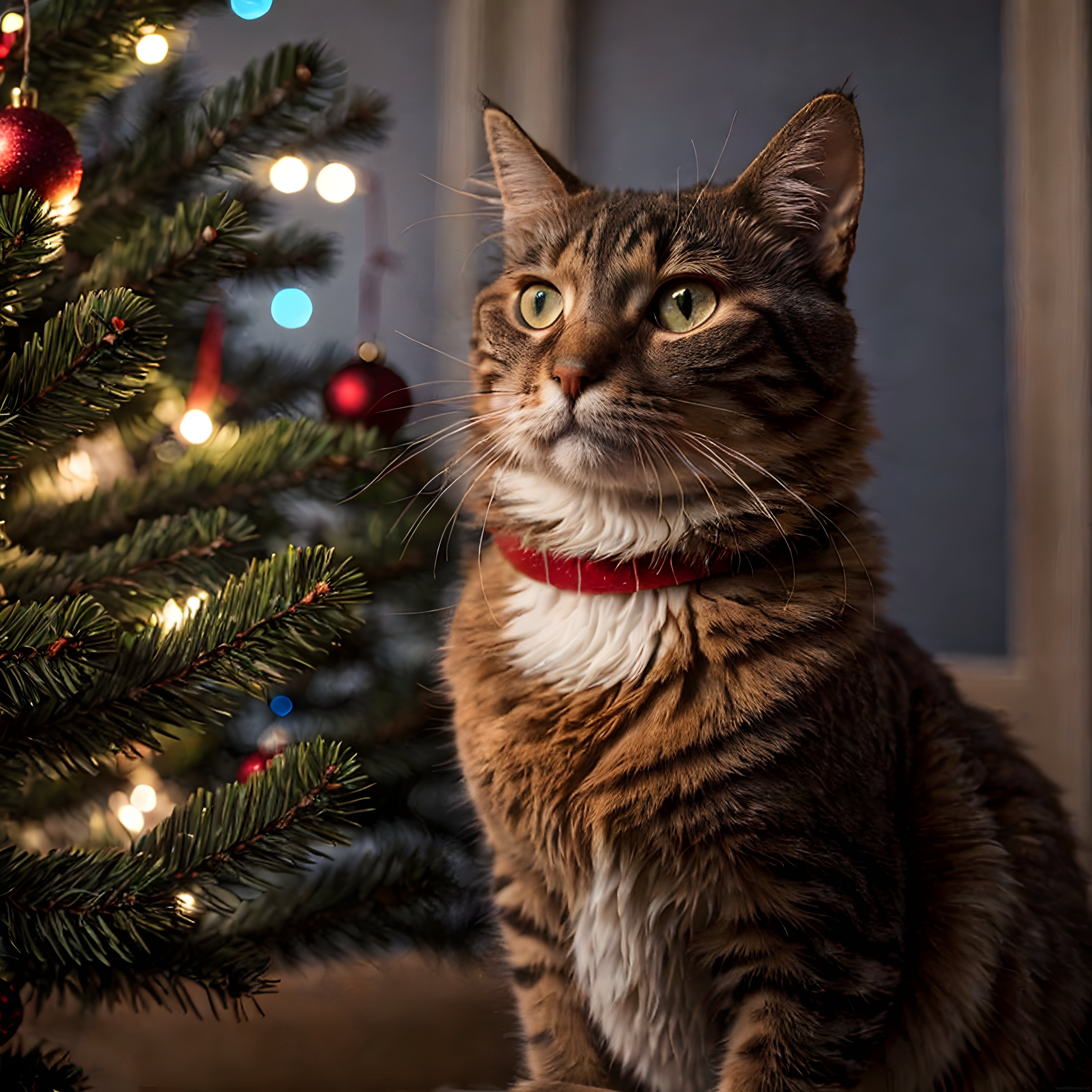 Yılbaşı Işıkları Arasında Kırmızı Tasma Takmış Sevimli Tabby Kedi Portresi