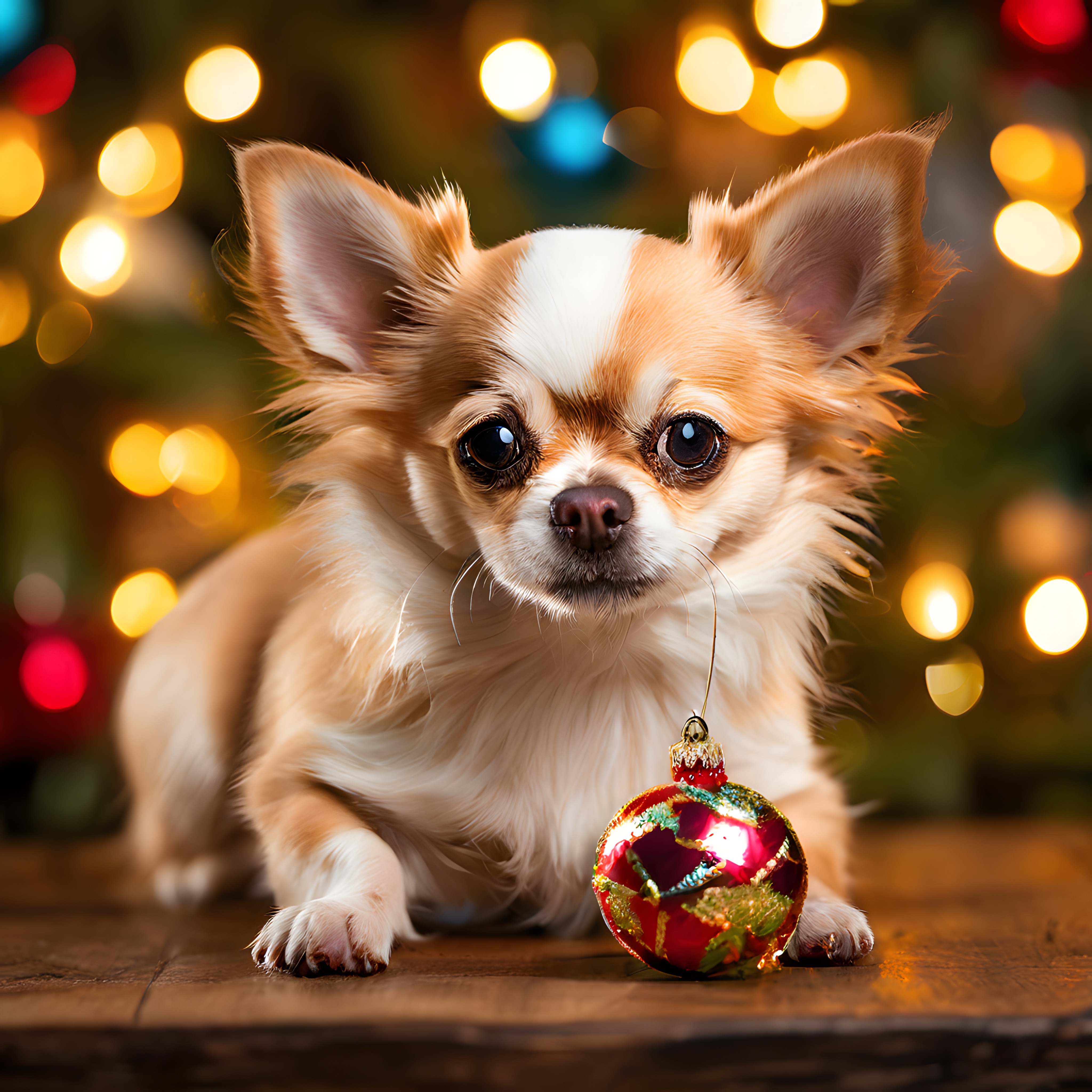 Yılbaşı Işıkları Önünde Oturan Sevimli Chihuahua ve Kırmızı Noel Süsü