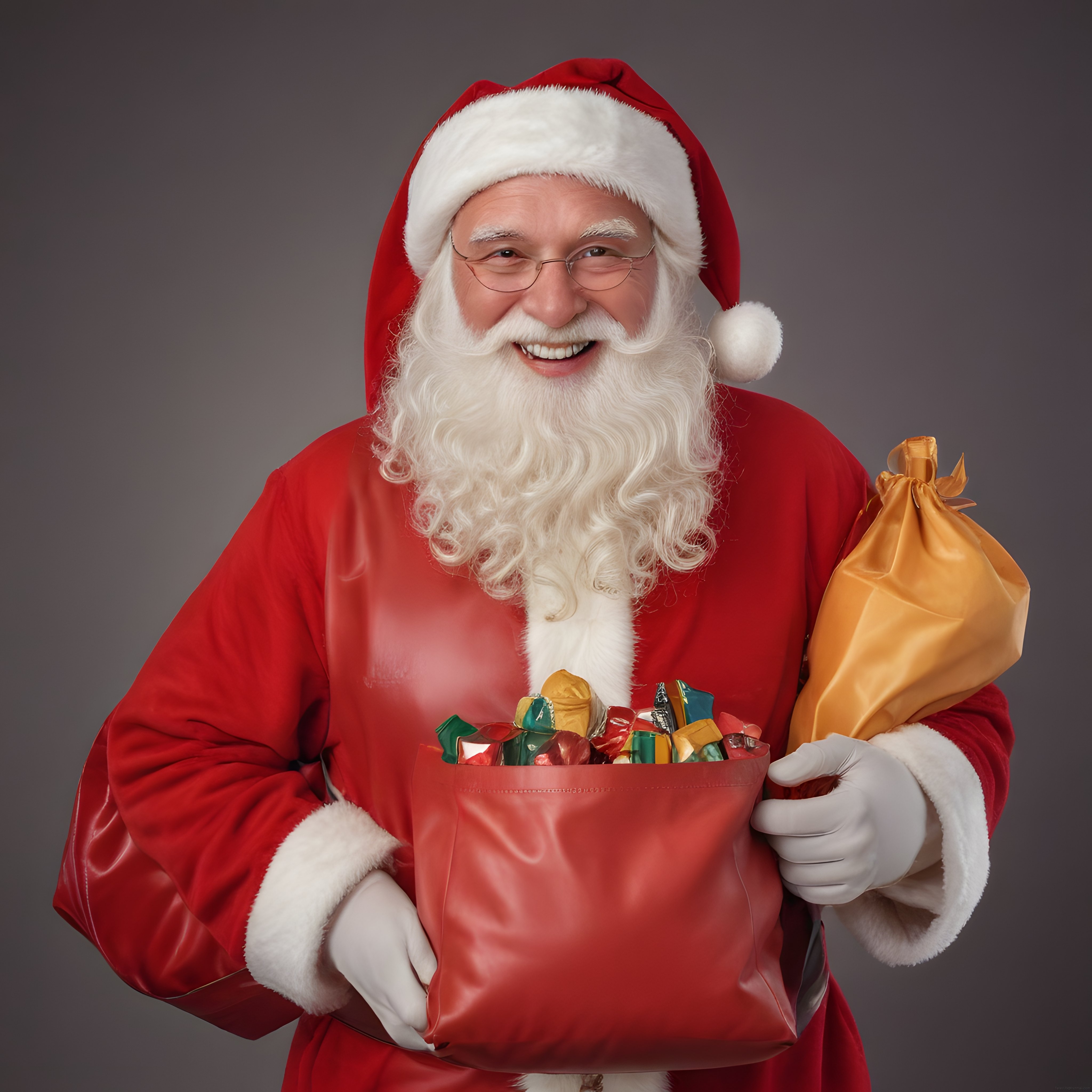 Yılbaşı konseptinde gülümseyen Noel Baba hediye çuvalıyla poz veriyor