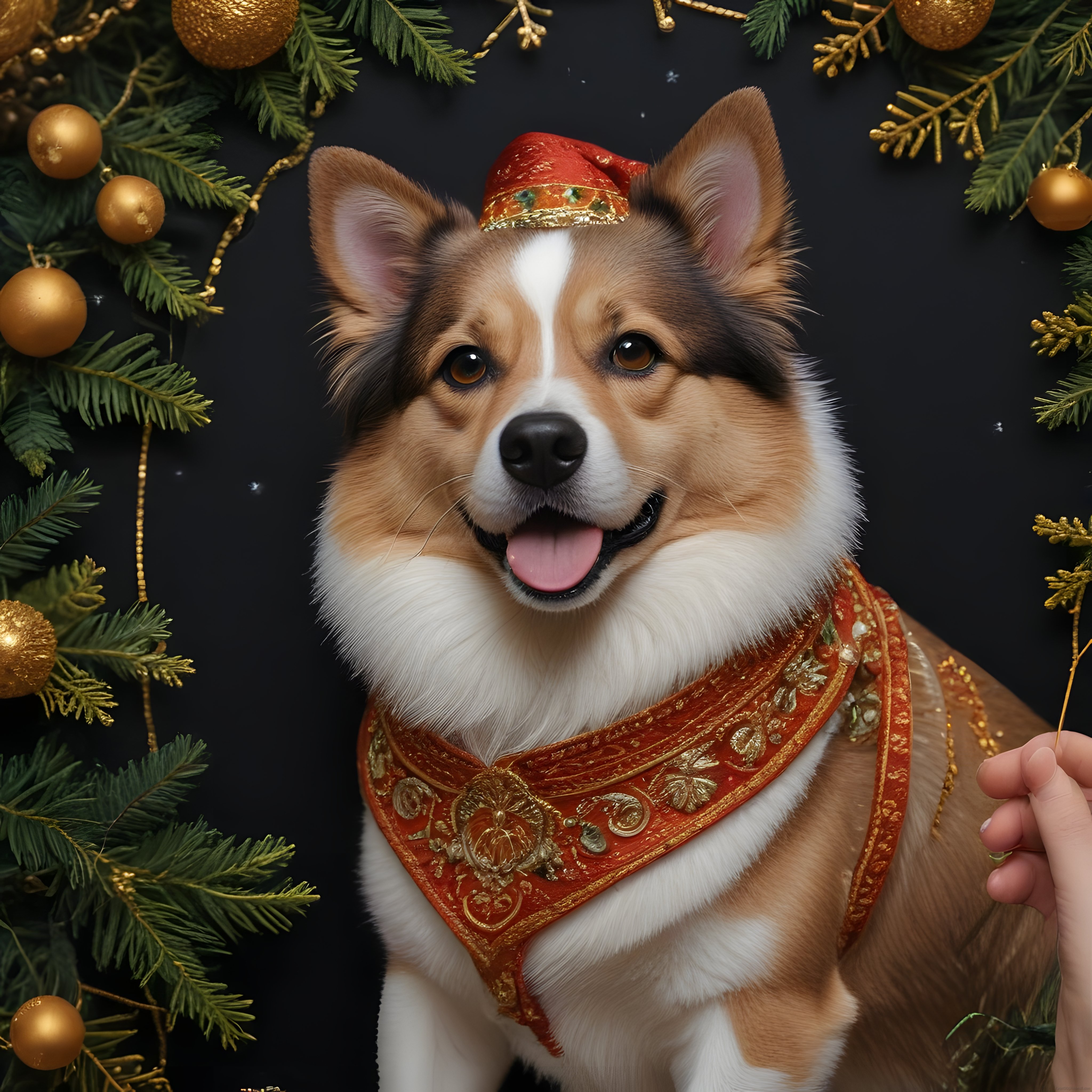 Yılbaşı kostümlü mutlu corgi köpek ve altın yılbaşı süslemeleri