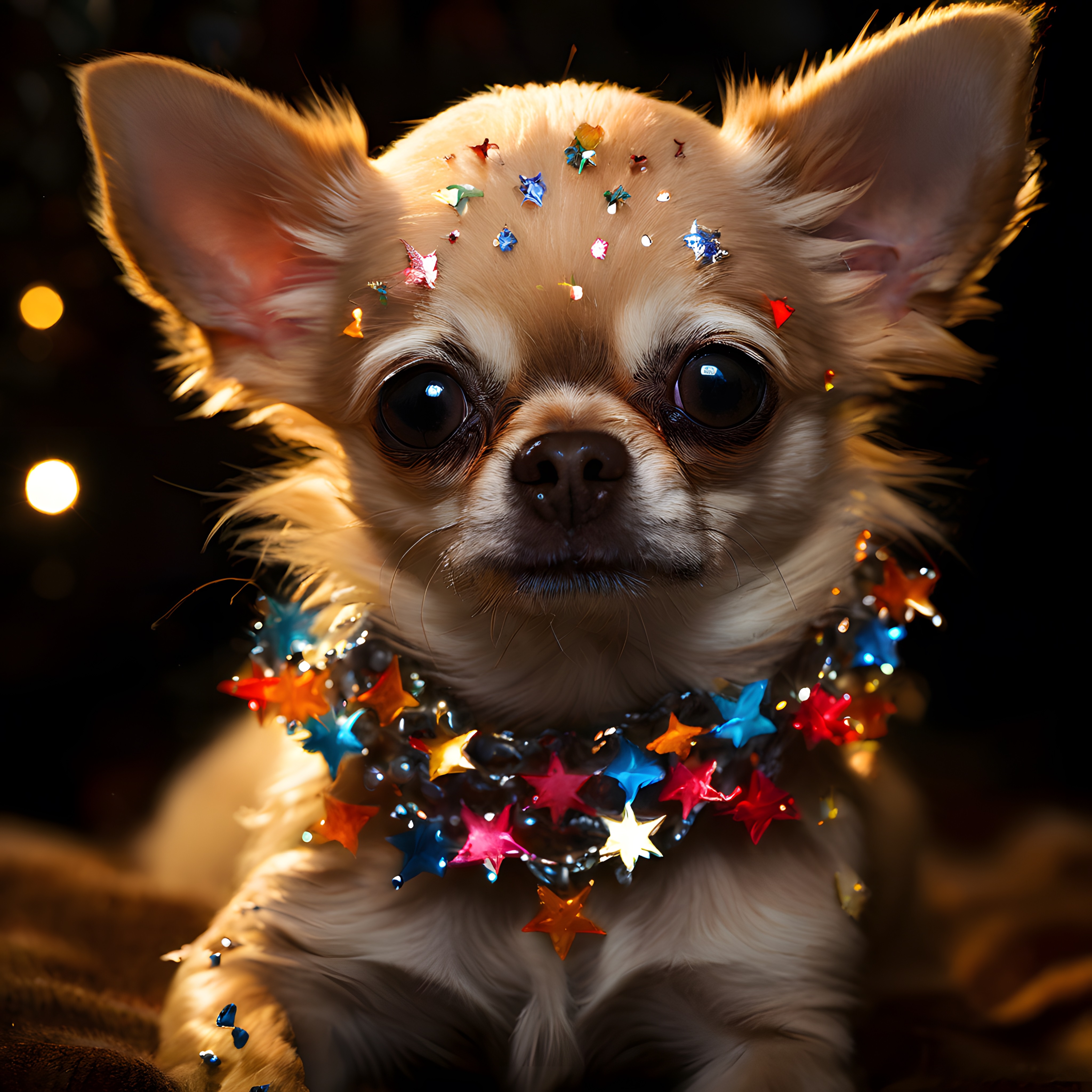 Yılbaşı Partisinde Simli Yıldız Kolyeli Neşeli Chihuahua Köpeği Portresi