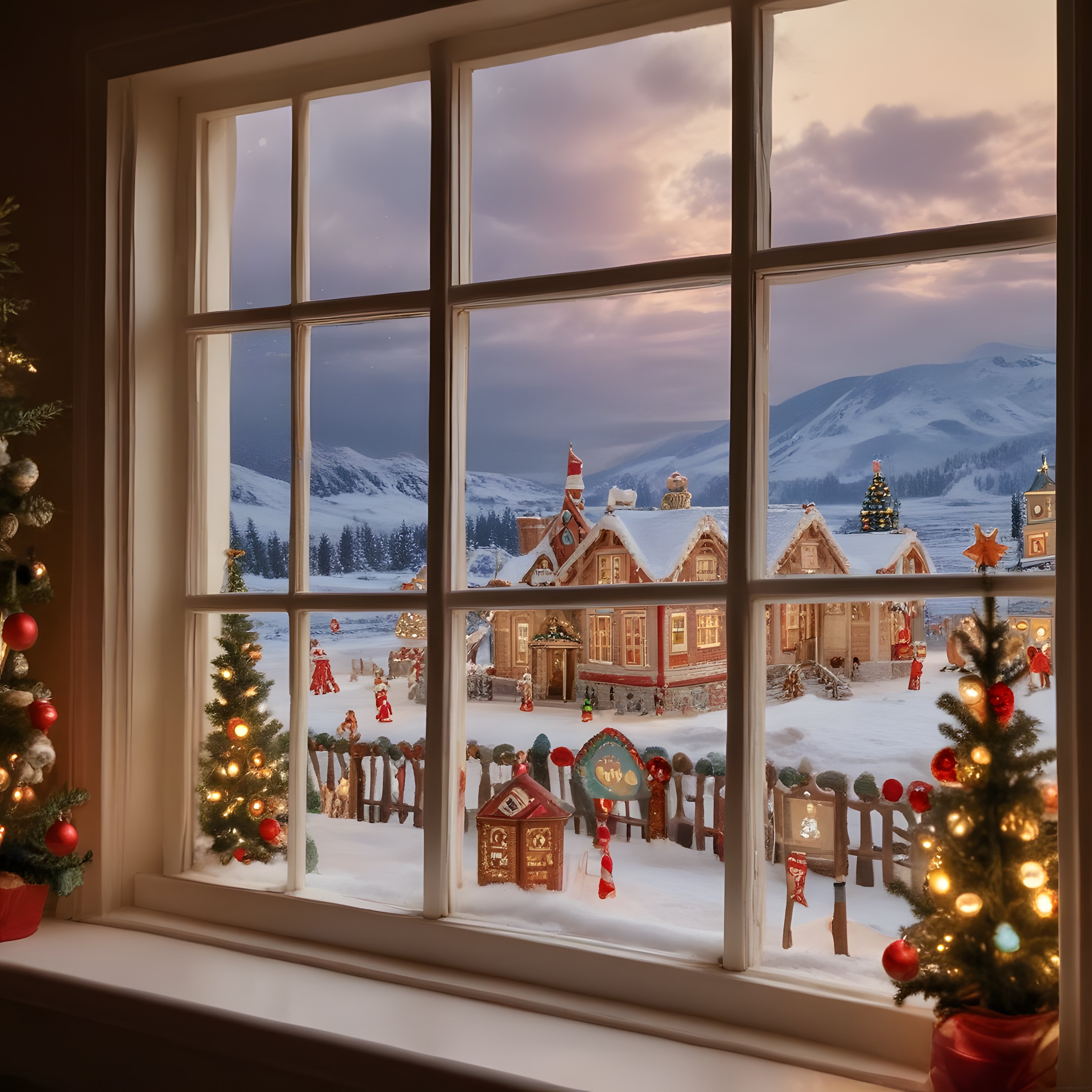 Yılbaşı Ruhunu Yansıtıyor: Pencereden Karlı Dağ Manzarası ve Sıcacık Ev Dekoru