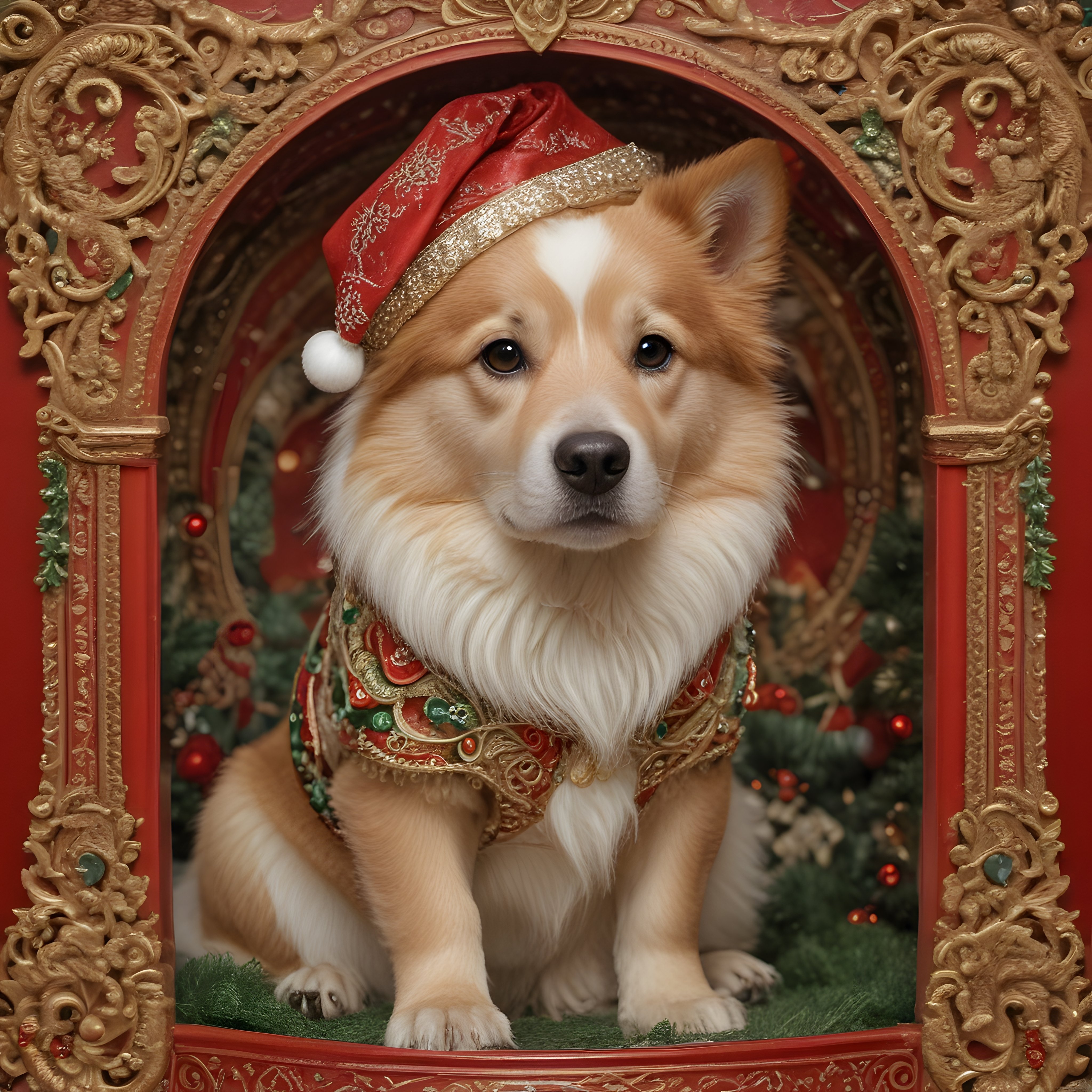 Yılbaşı şapkalı corgi köpeğin barok çerçevede sevimli portresi ve detaylar