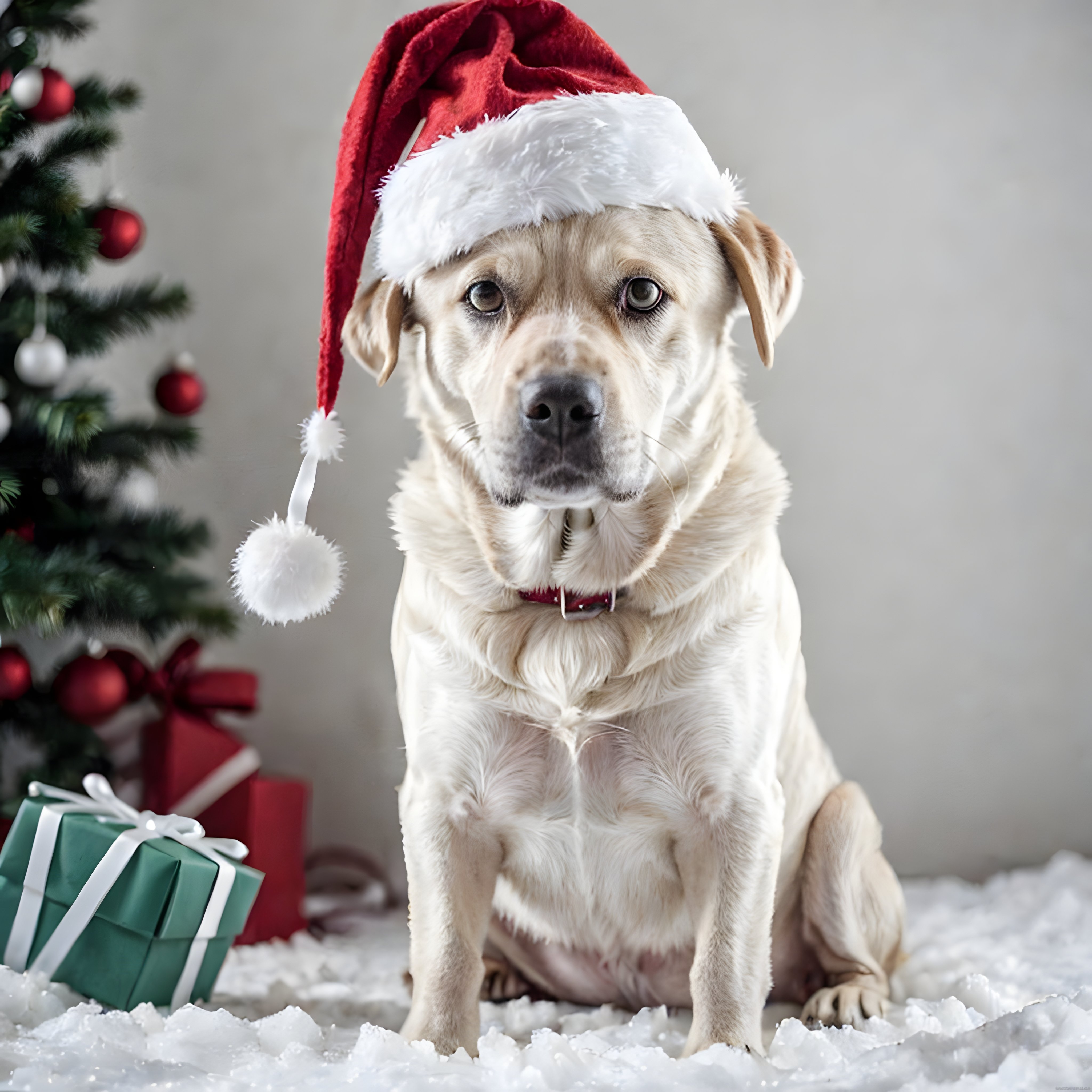 yılbaşı şapkalı sevimli labrador retriever ve noel atmosferi