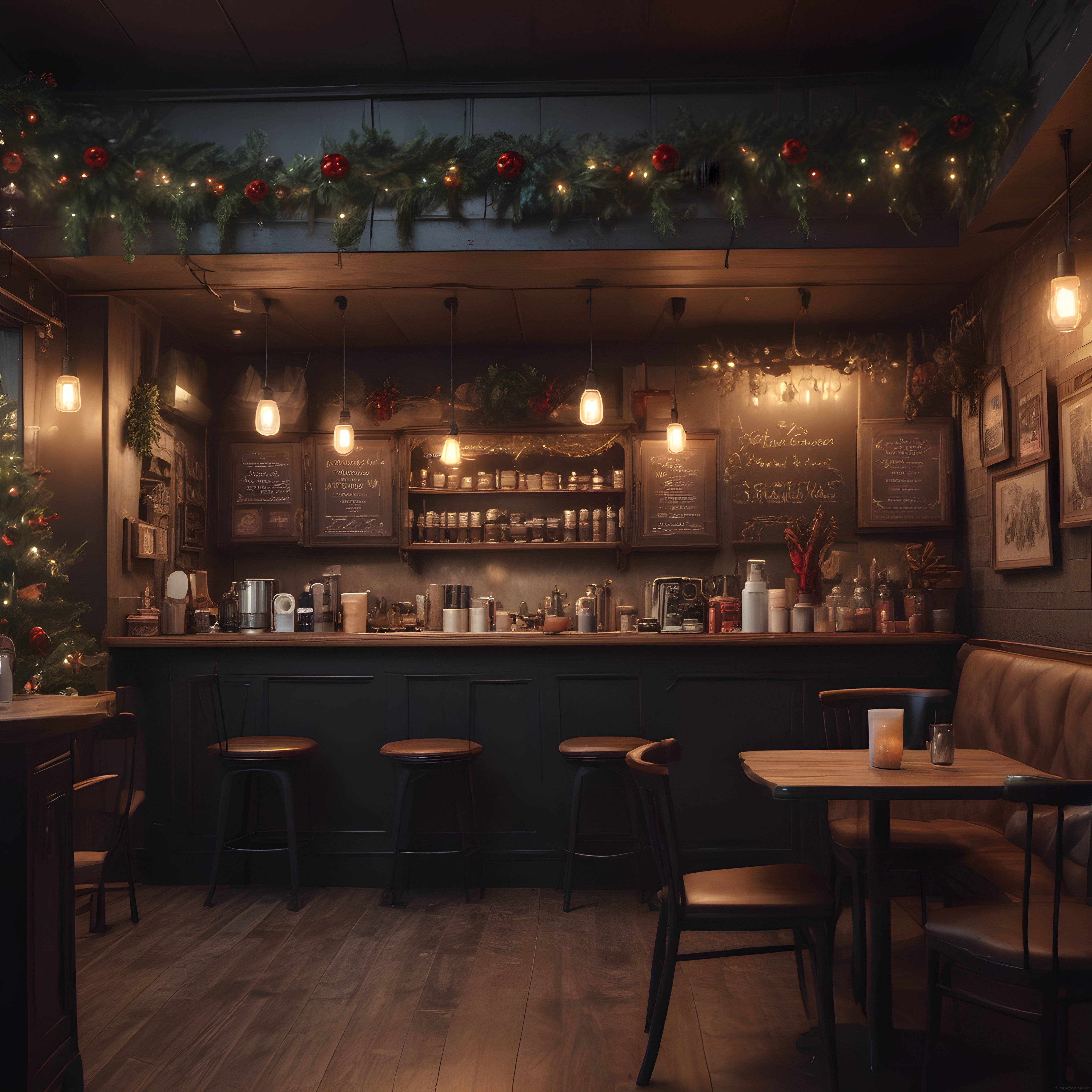Yılbaşı Süslemeli Sıcak Atmosferli Rustik Kafe ve Bar İç Mekan Tasarımı