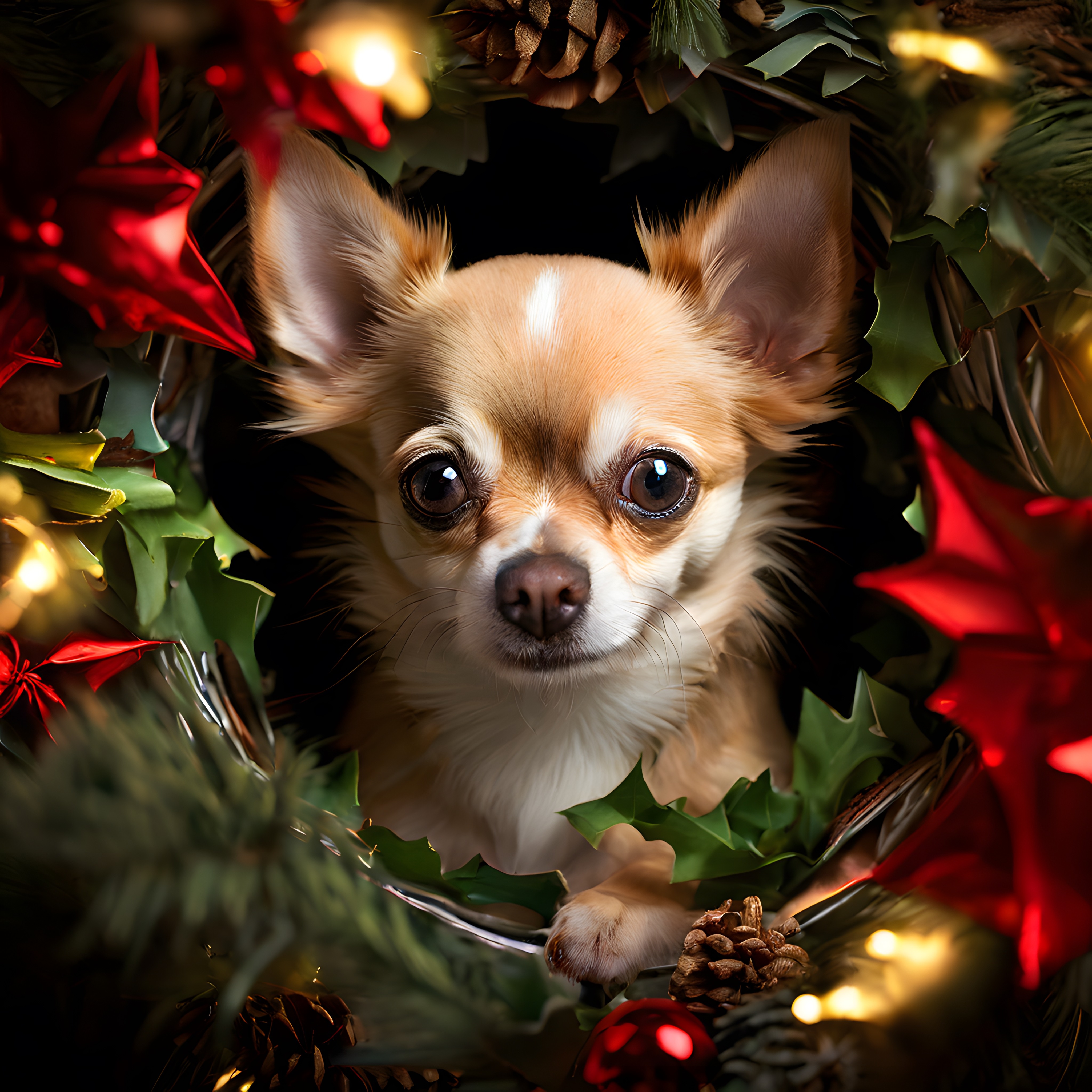 Yılbaşı Süsleri Arasında Sevimli Chihuahua Köpek Portresi