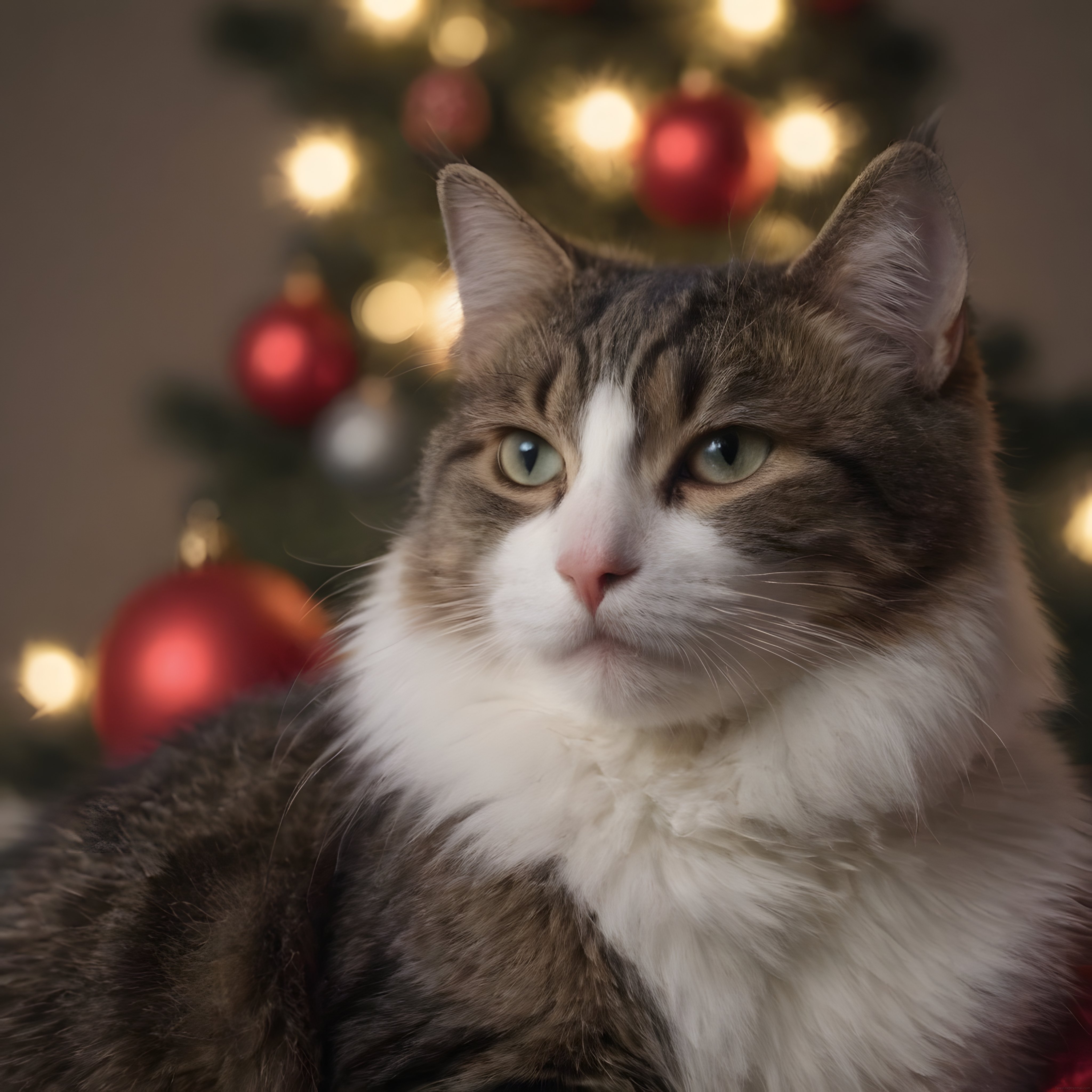 Yılbaşı Süsleri ve Bokeh Işıklar Eşliğinde Masum Görünümlü Tekir Kedi