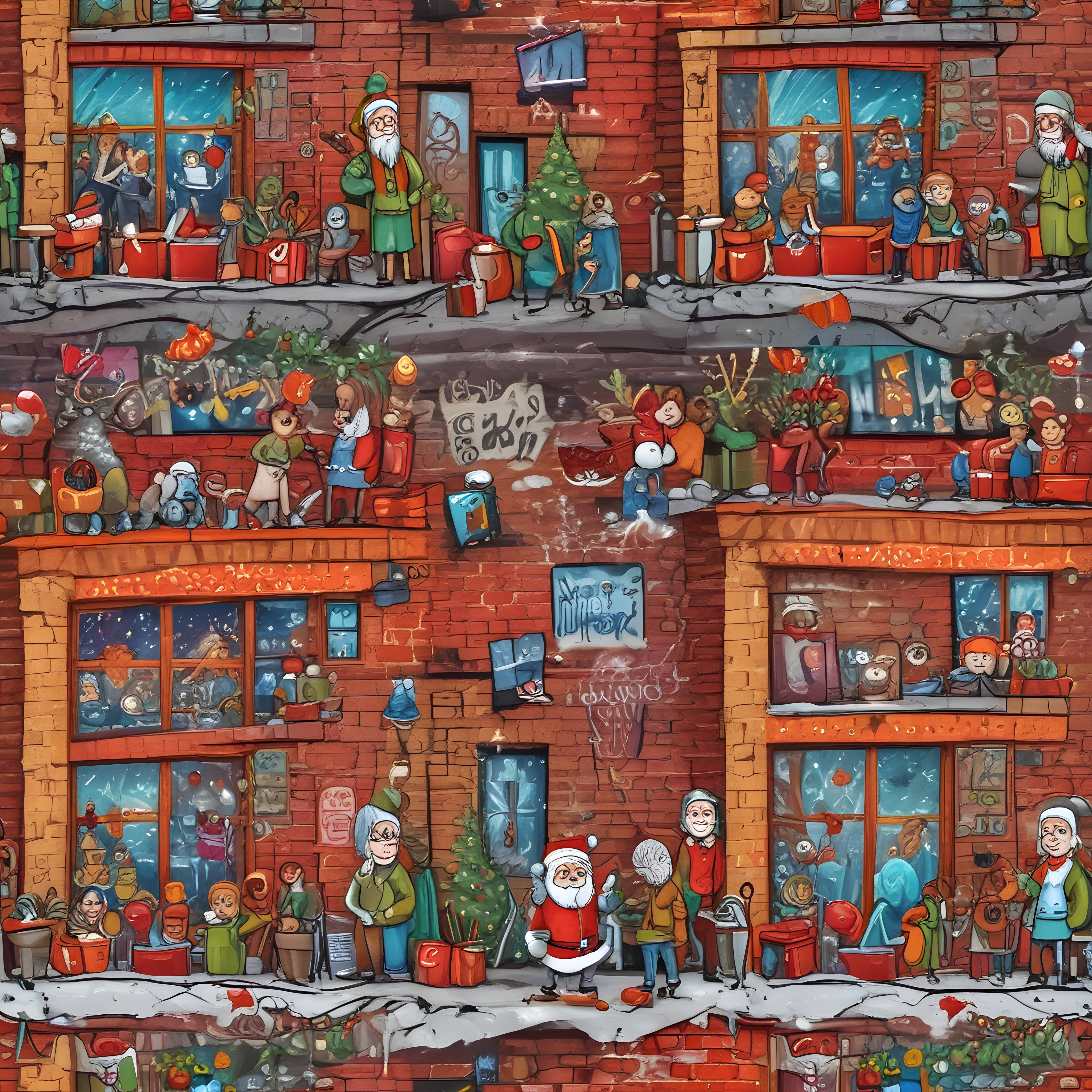 Yılbaşı temalı karikatür illüstrasyonu: tuğla binada noel baba ve karakterler