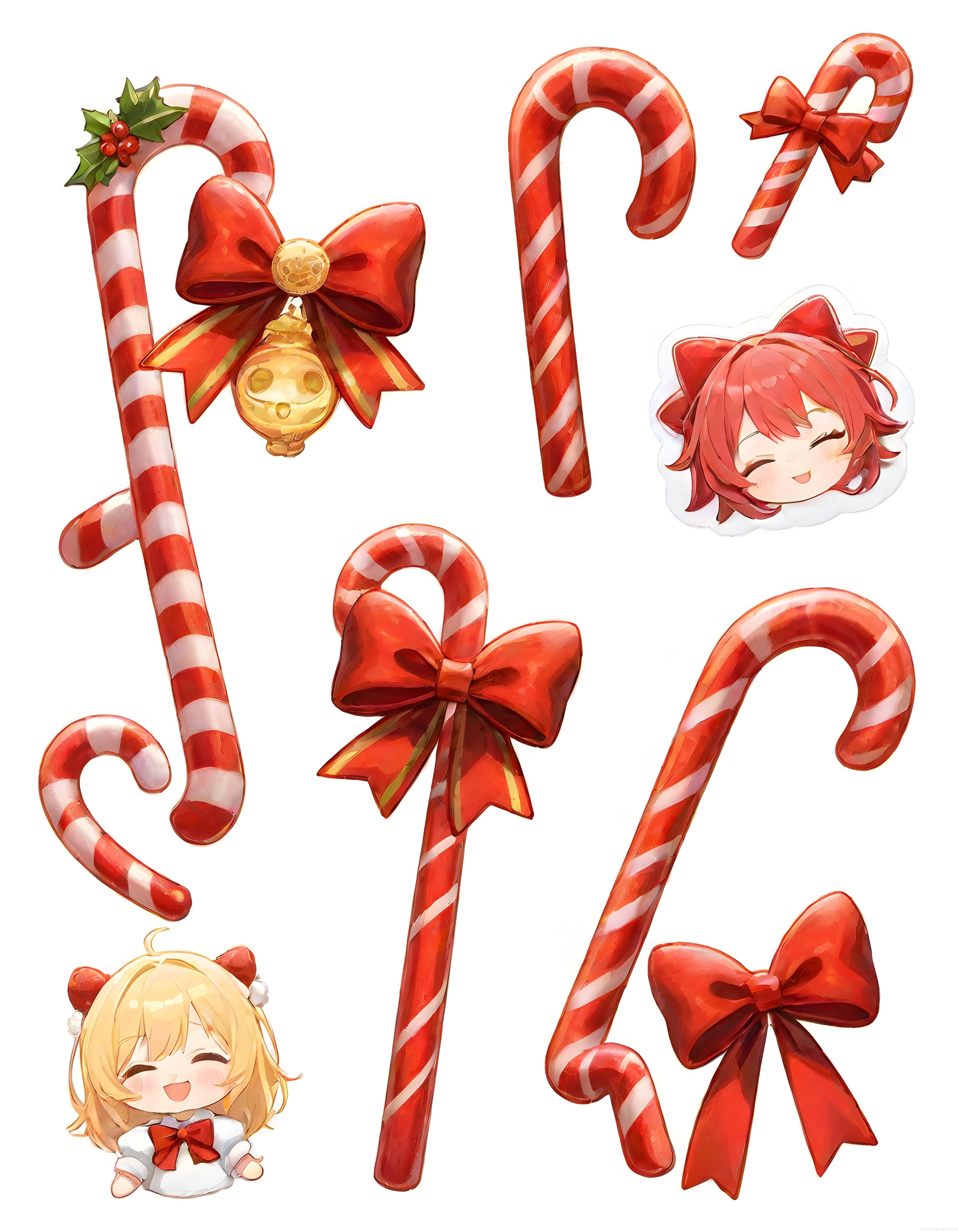 Yılbaşı Temalı Sevimli Şeker Kamışı ve Anime Karakter Dijital Sticker Koleksiyonu