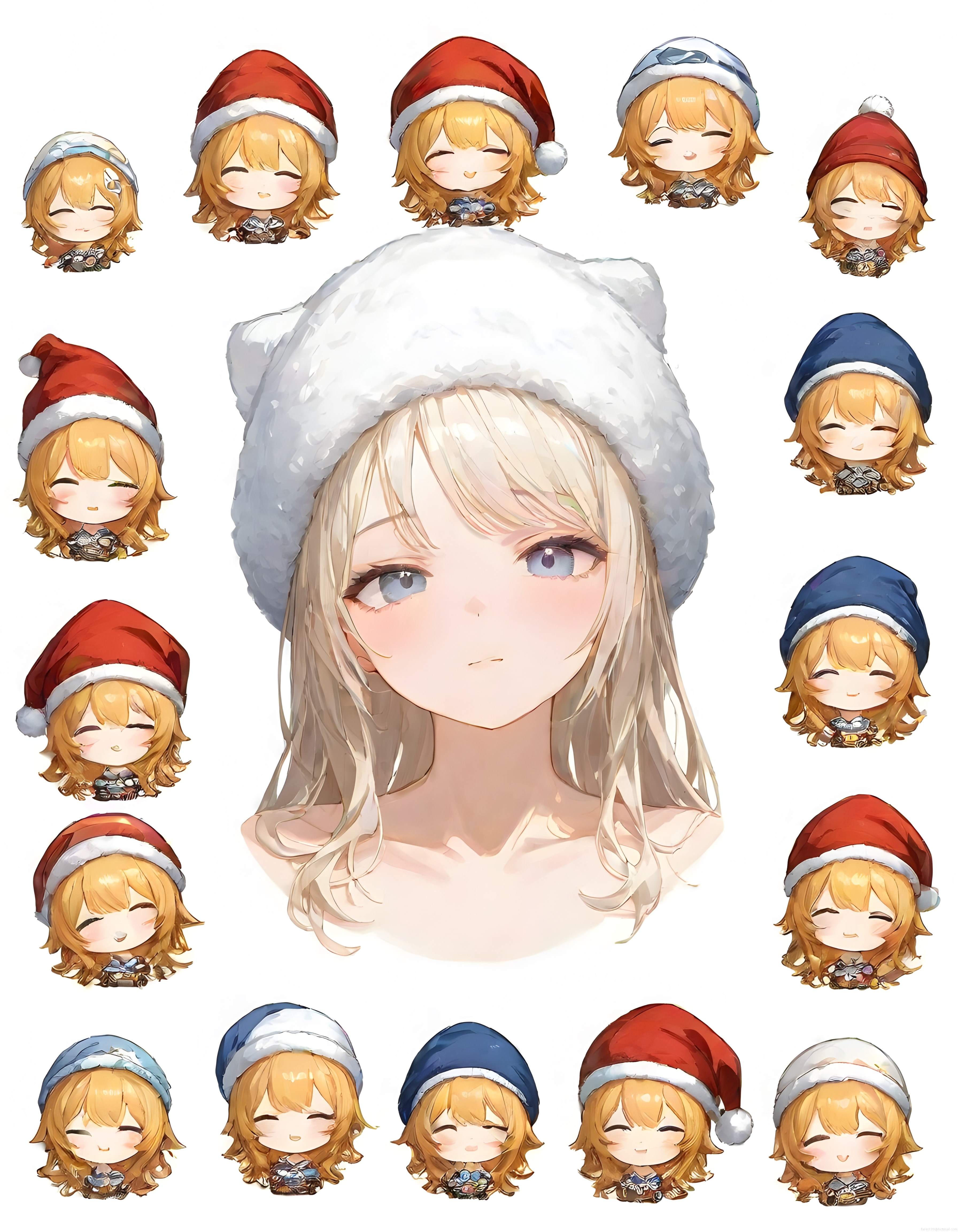 Yılbaşı temalı tatlı anime kız ve etrafındaki sevimli chibi kafa koleksiyonu