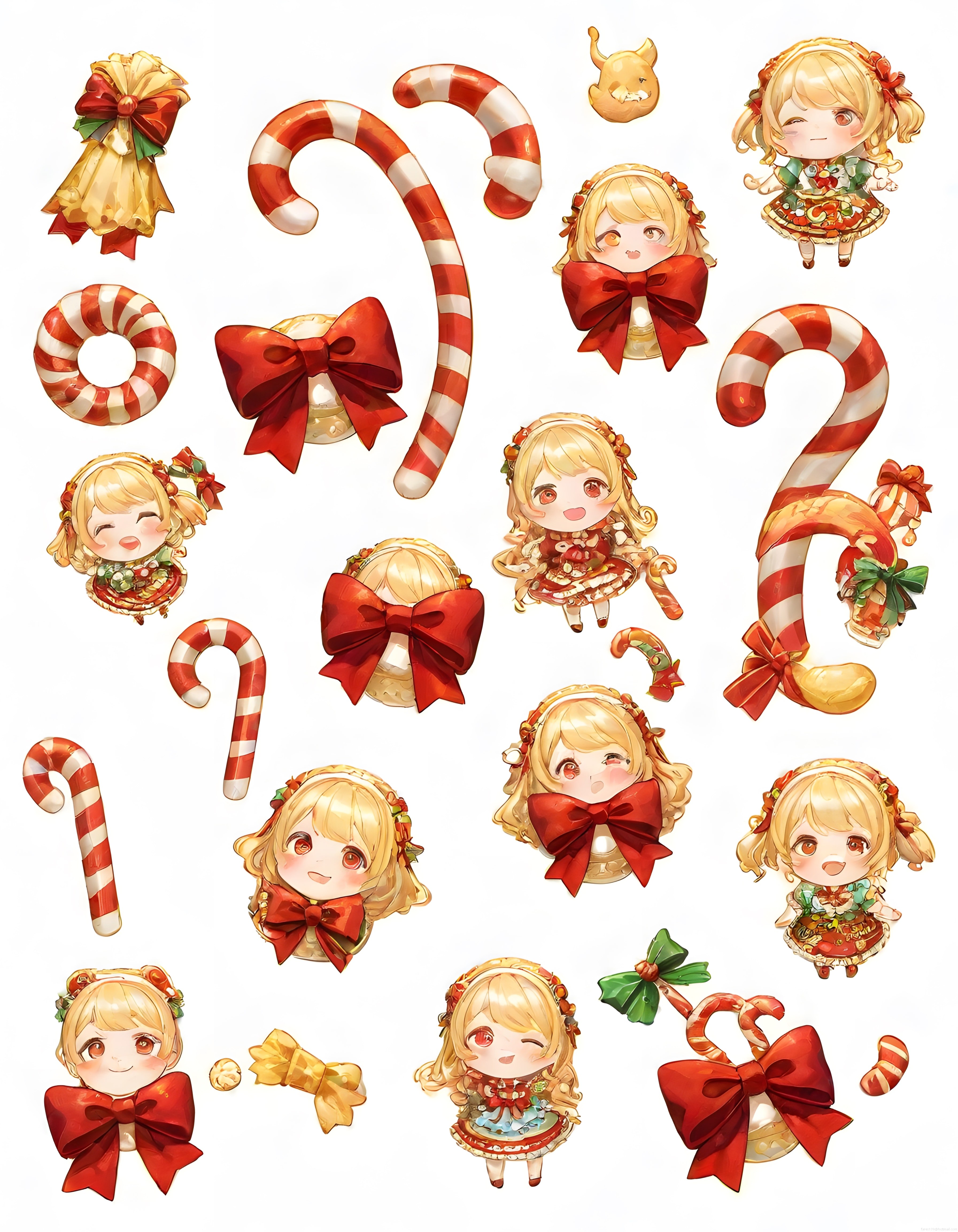Yılbaşına Özel Sevimli Chibi Kızlar ve Kırmızı Beyaz Şeker Kamışı İllüstrasyonları