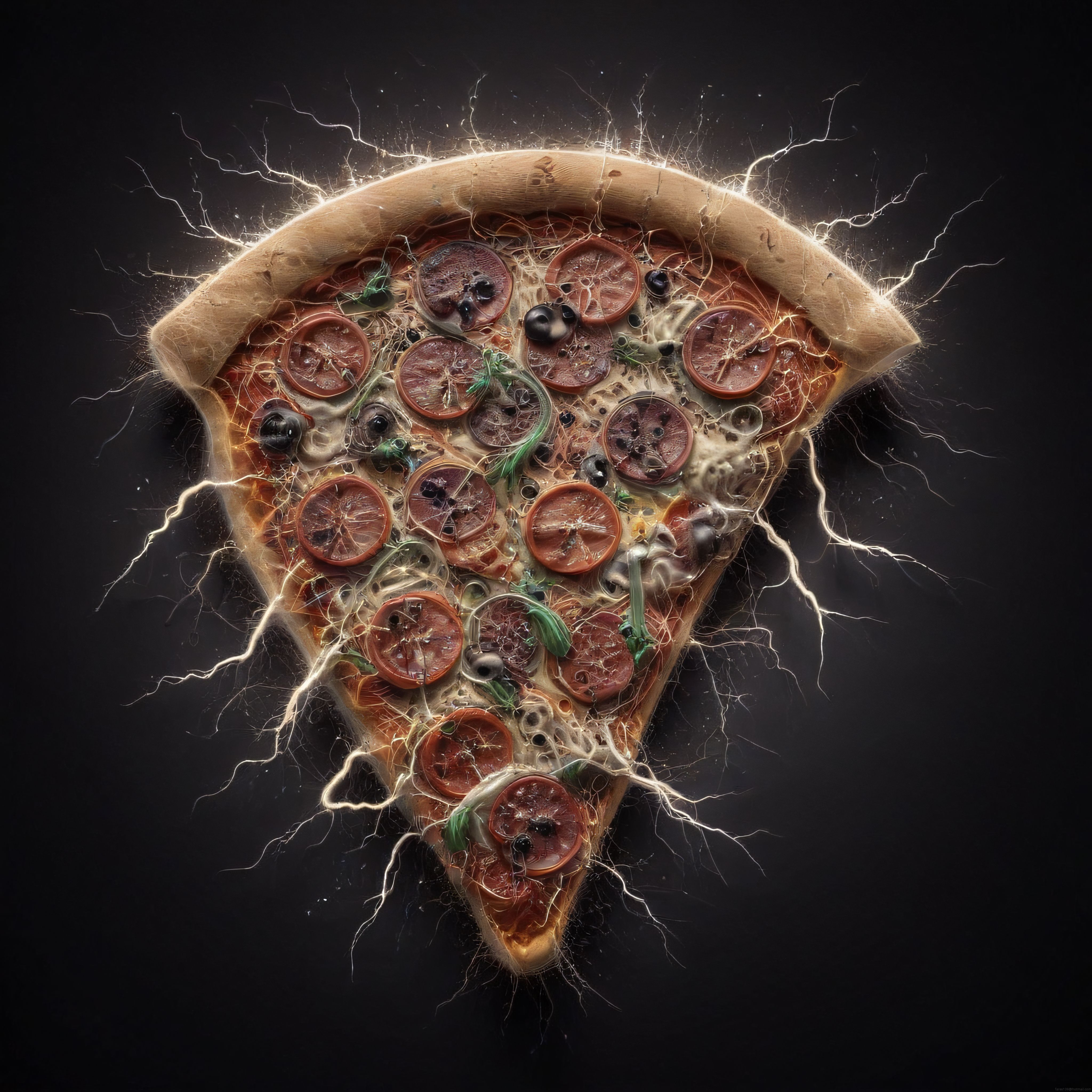 Yıldırım Efektleriyle Çevrili Fantastik ve Süper Canlı Pizza Dilimi Görseli