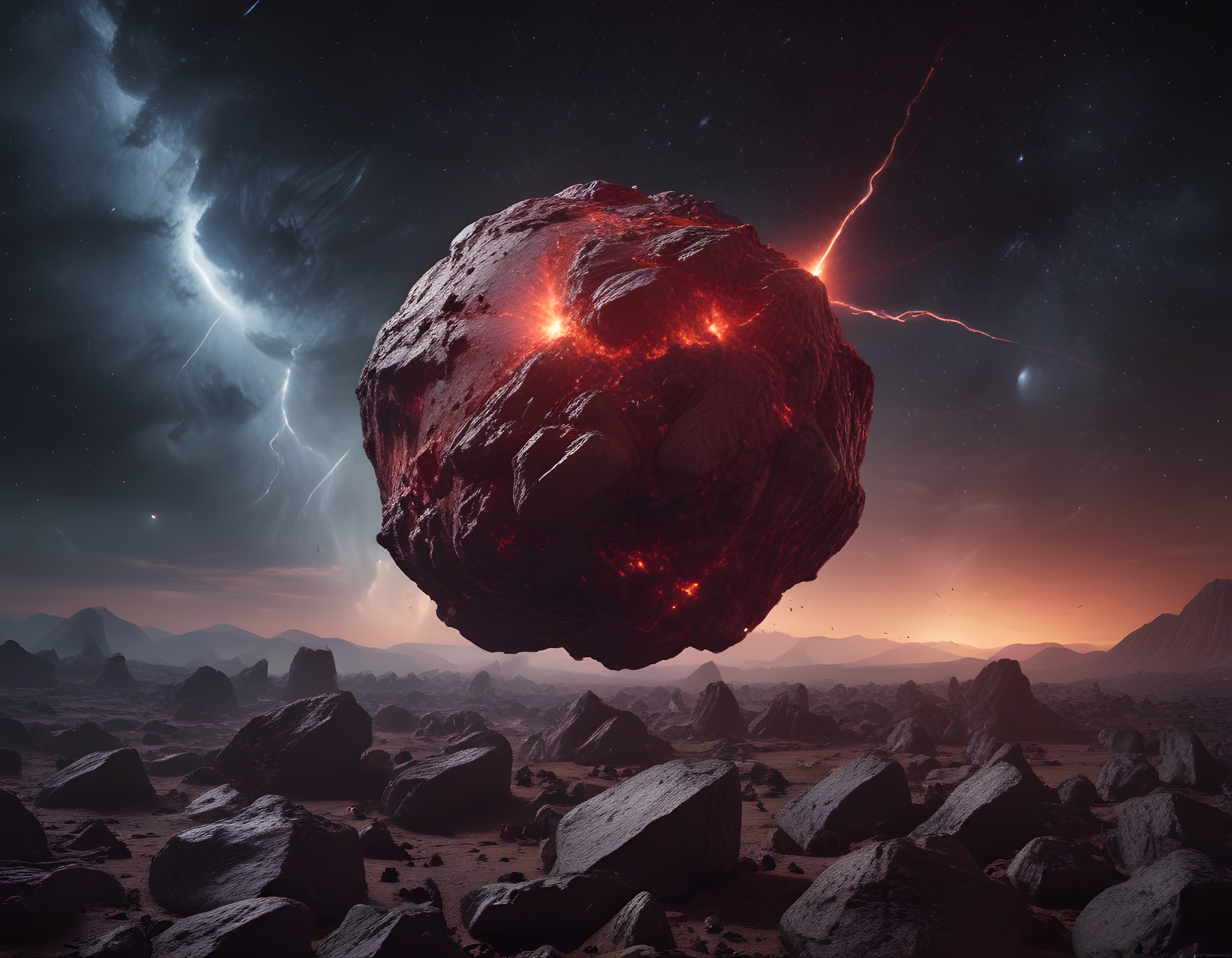 Yıldırımlı Uzayda Parlayan Devasa Asteroit ve Yabancı Gezegen Manzarası