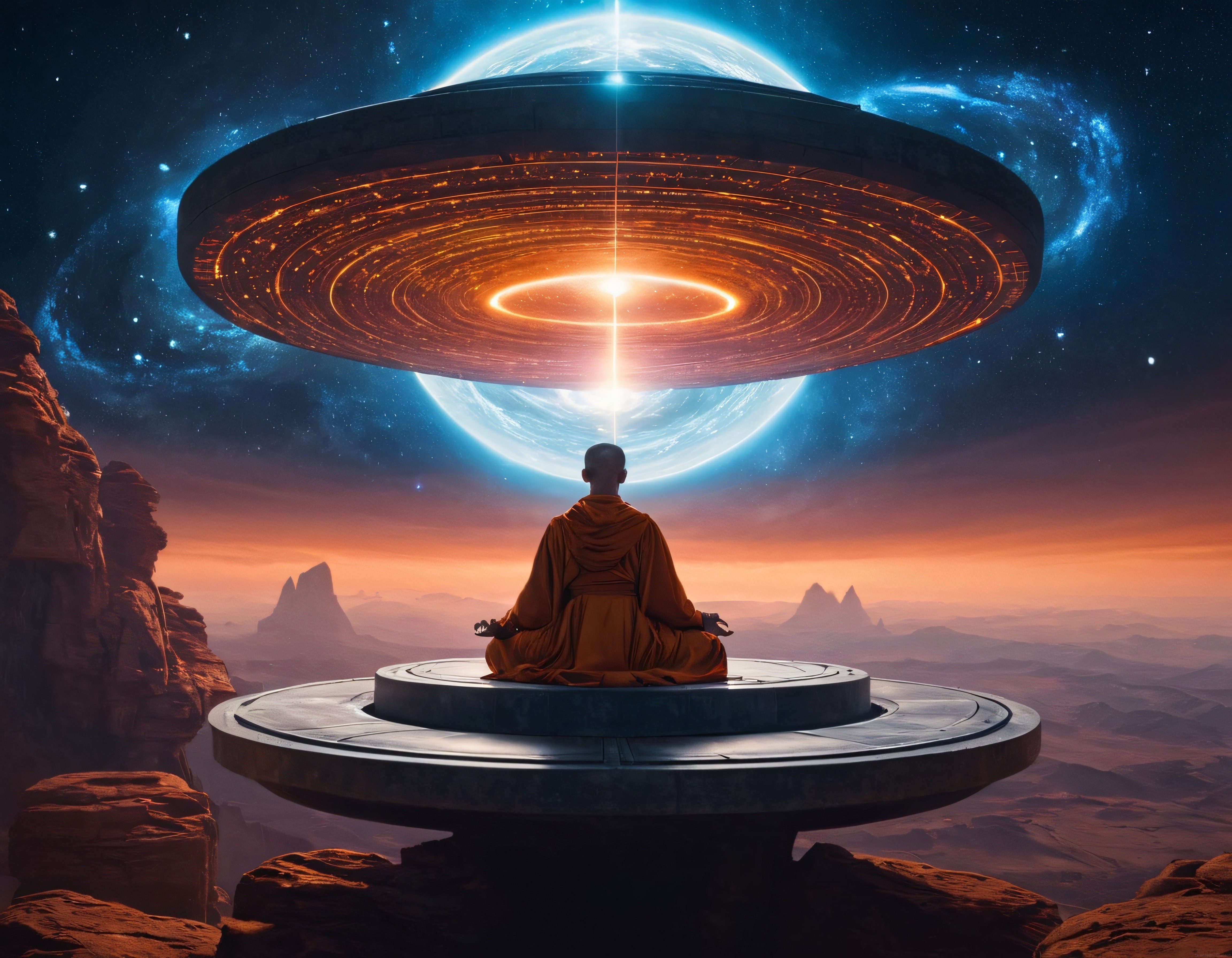 Yıldızlar Arasında Meditasyon Yapan Uzay Keşişi ve Gizemli UFO
