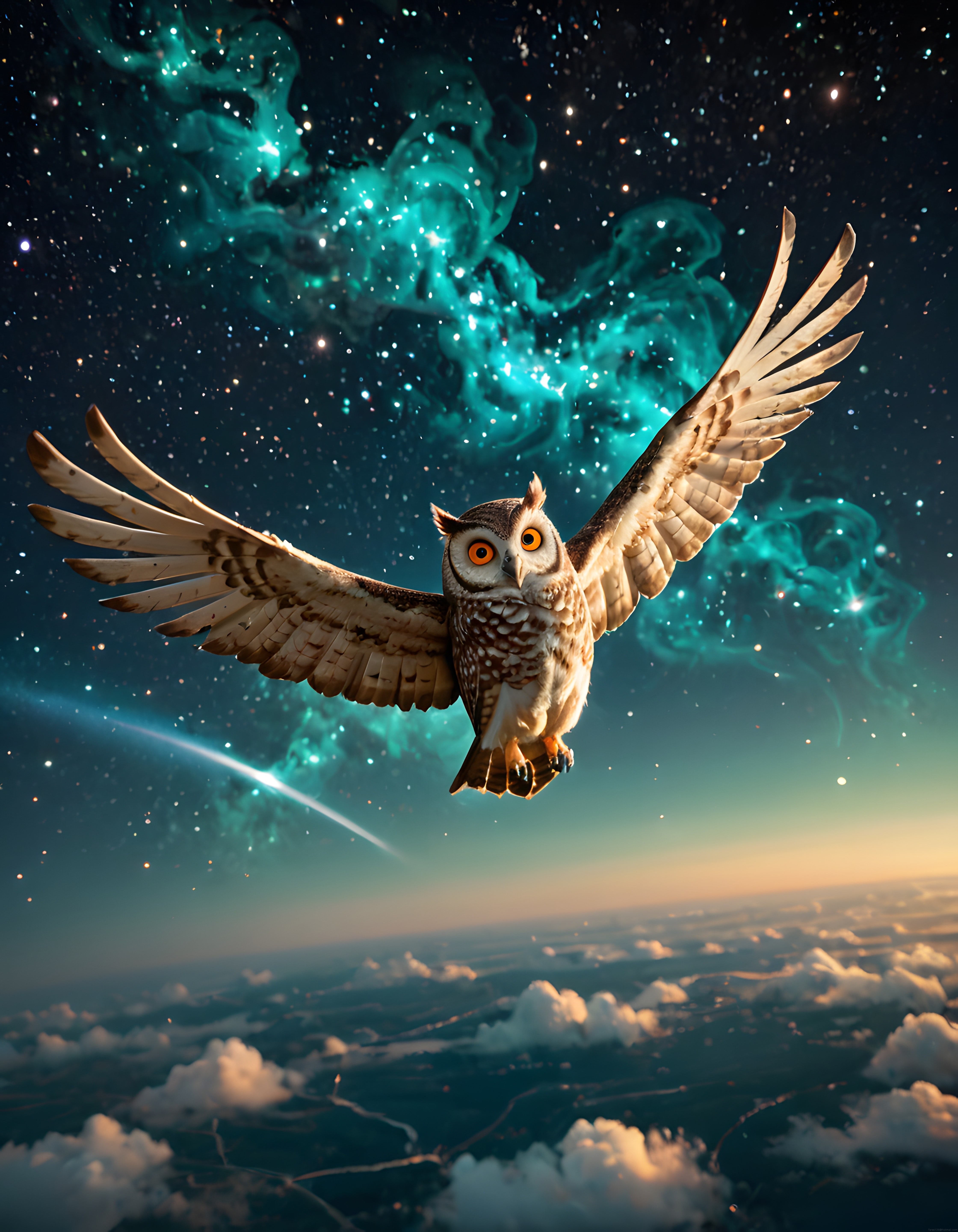 Yıldızlar Arasında Süzülen Büyüleyici Baykuş ve Mavi Nebula Rüyası