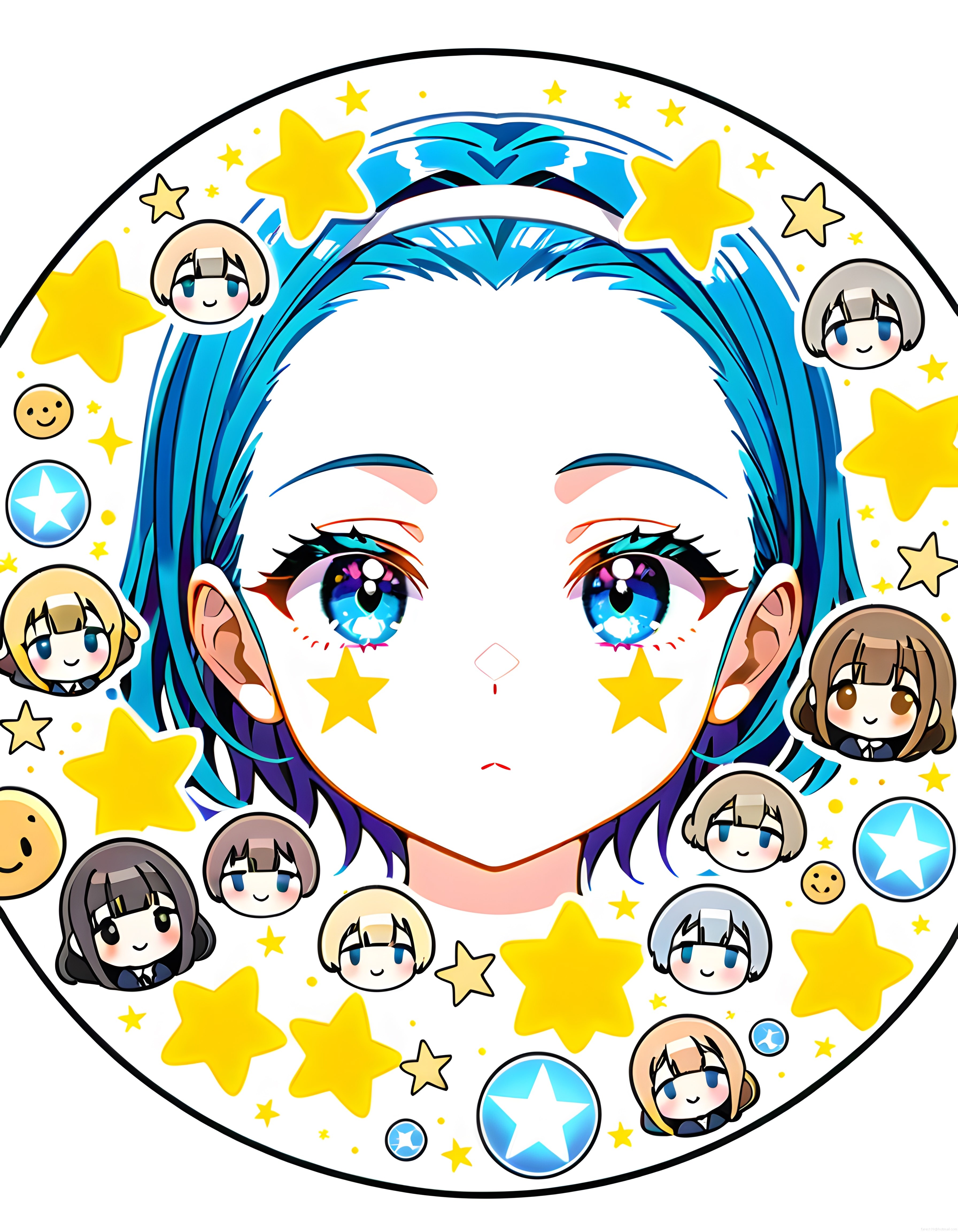 Yıldızlar ve Chibi Karakterlerle Çevrili Mavi Saçlı Anime Kız İllüstrasyonu