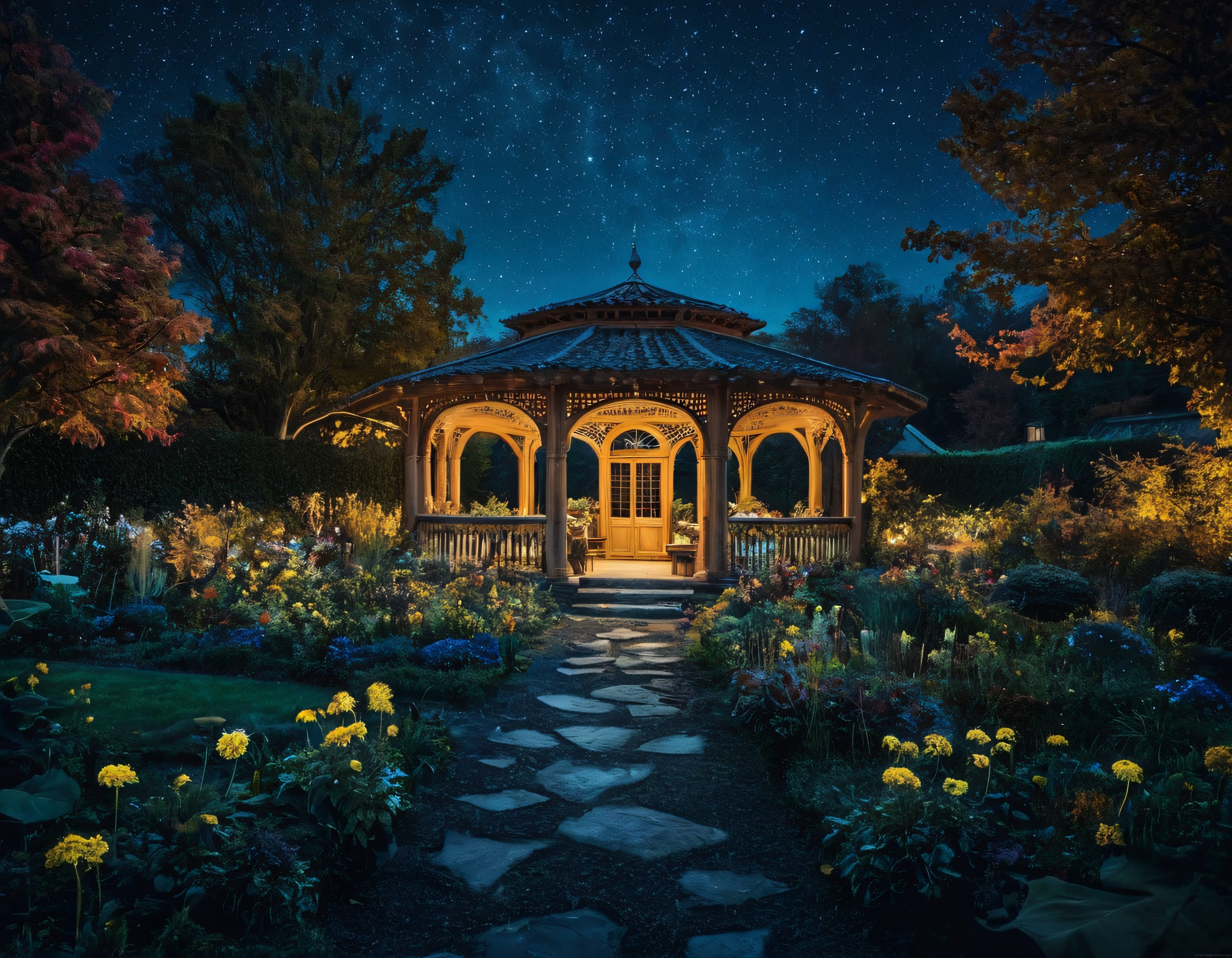 Yıldızlı Gece Göklerinde Sıcak Işıklı Bahçe Gazebo'su ve Taş Patika