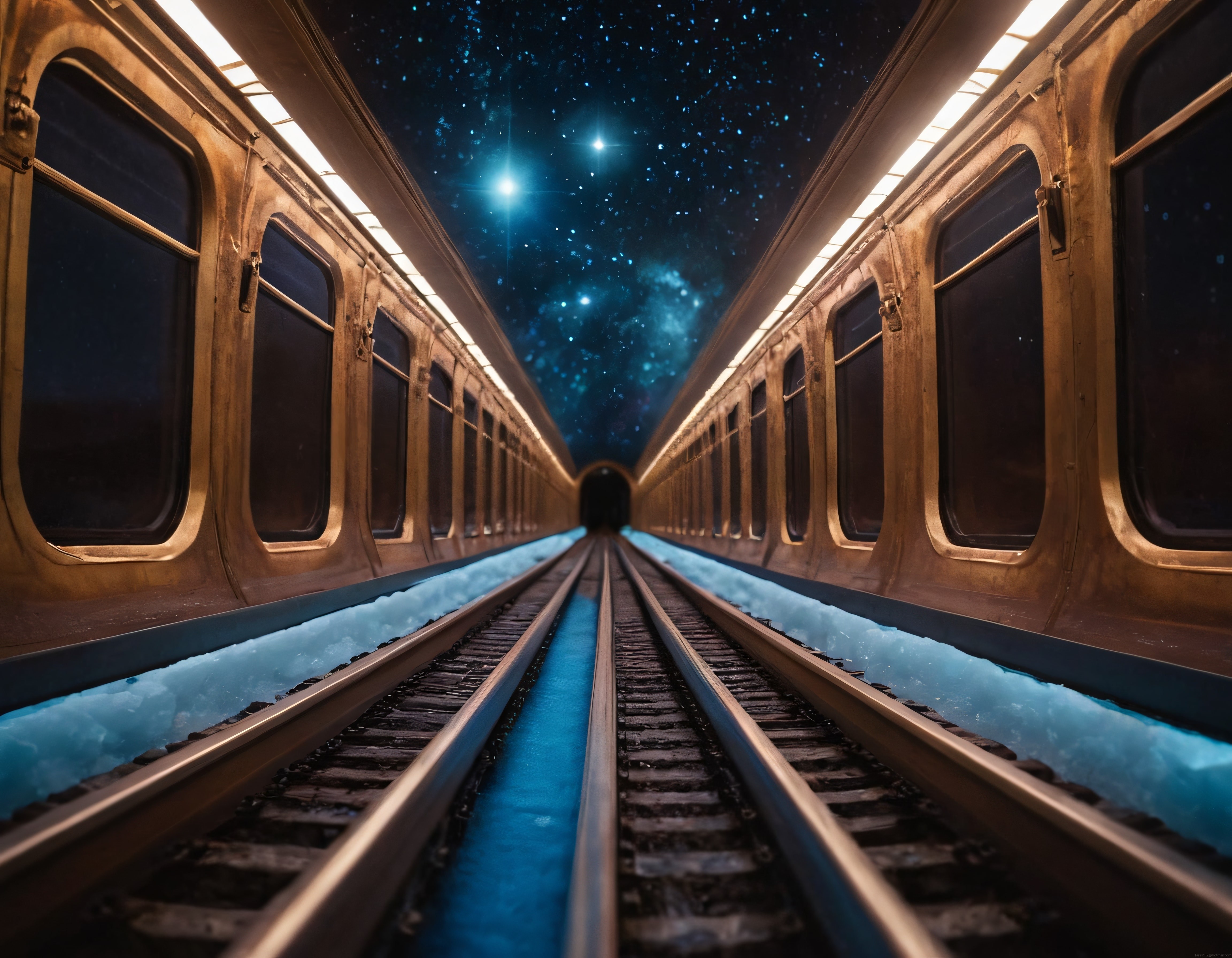 Yıldızlı Gece Gökyüzü Altındaki Gizemli ve Eski Tren Yolunda Büyülü Yolculuk