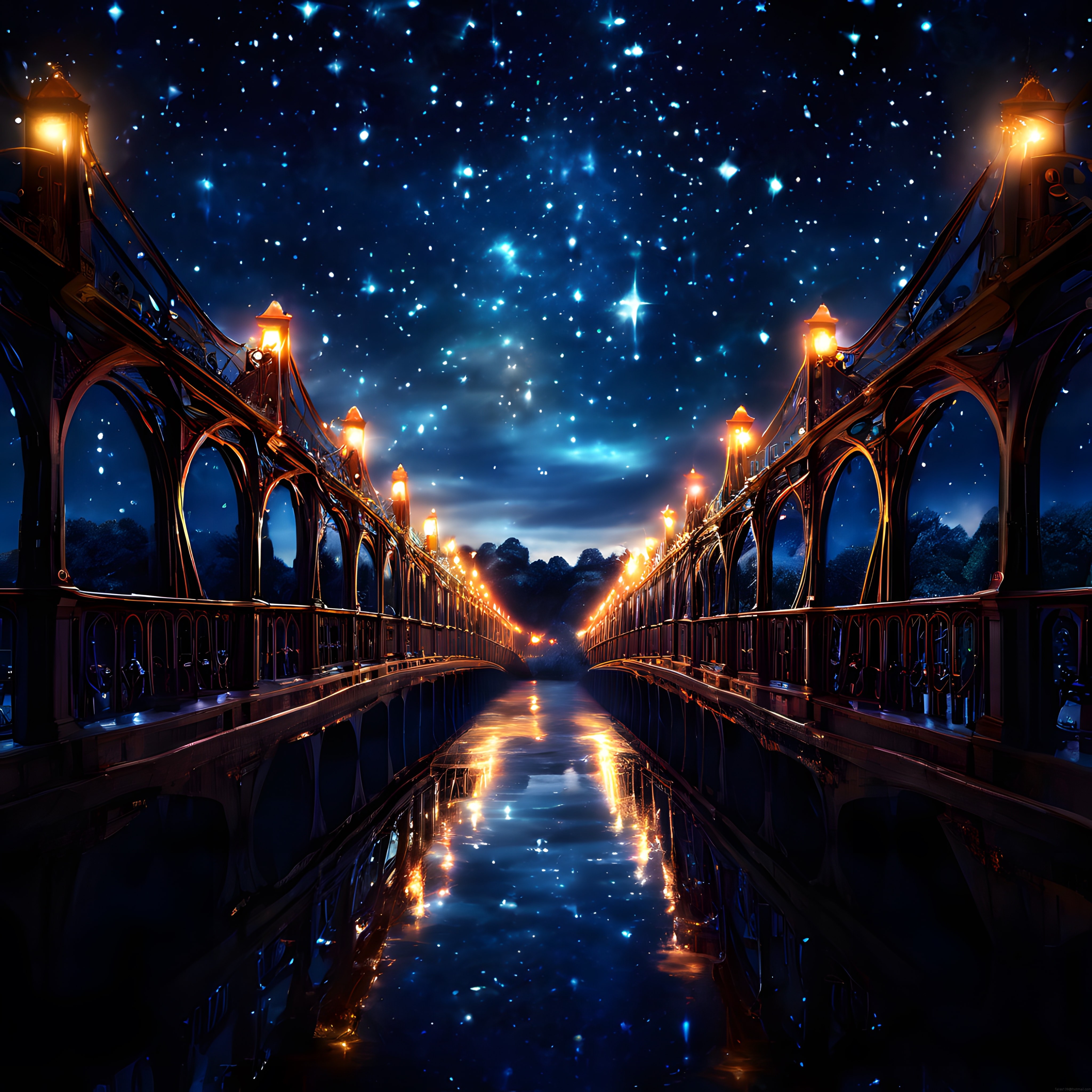 Yıldızlı Gece Gökyüzünde Işıldayan Fantastik Köprü ve Gizemli Su Yansıması