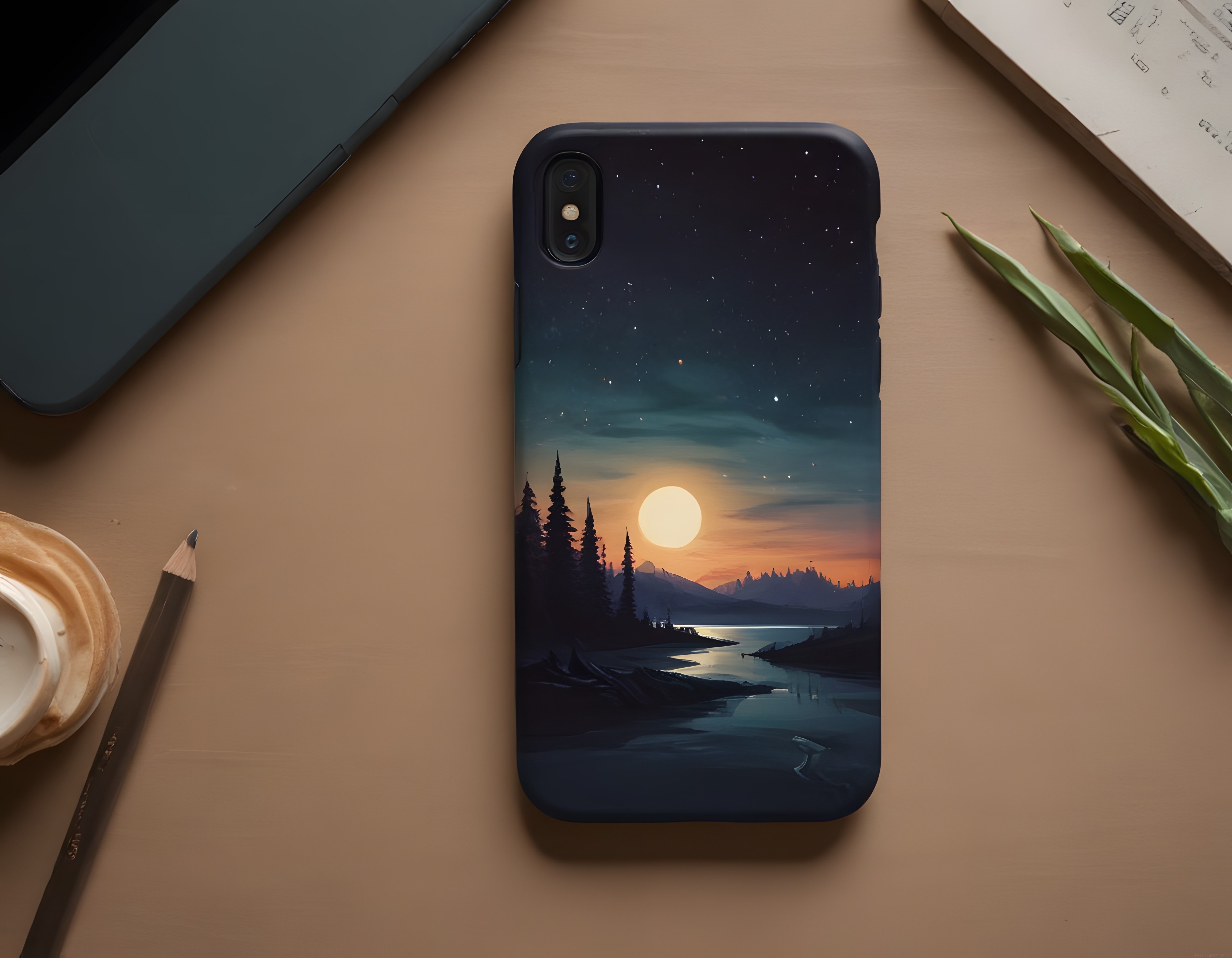 Yıldızlı Gece Göl Manzaralı Telefon Kılıfı ve Masa Üstü Flat Lay Çekimi