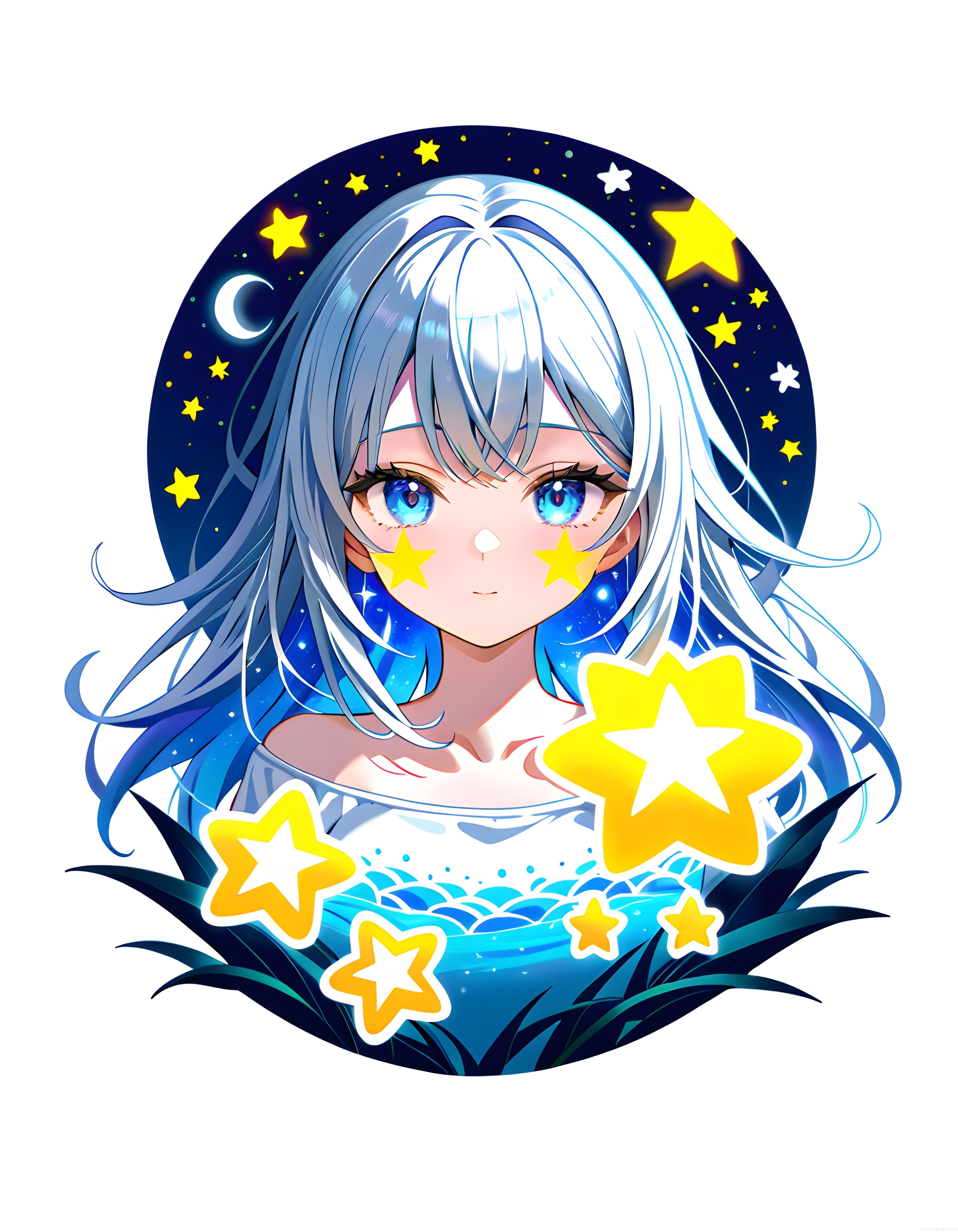 Yıldızlı Gece ve Ay Işığında Parlayan Mavi Gözlü Anime Kız, Dijital Sanat