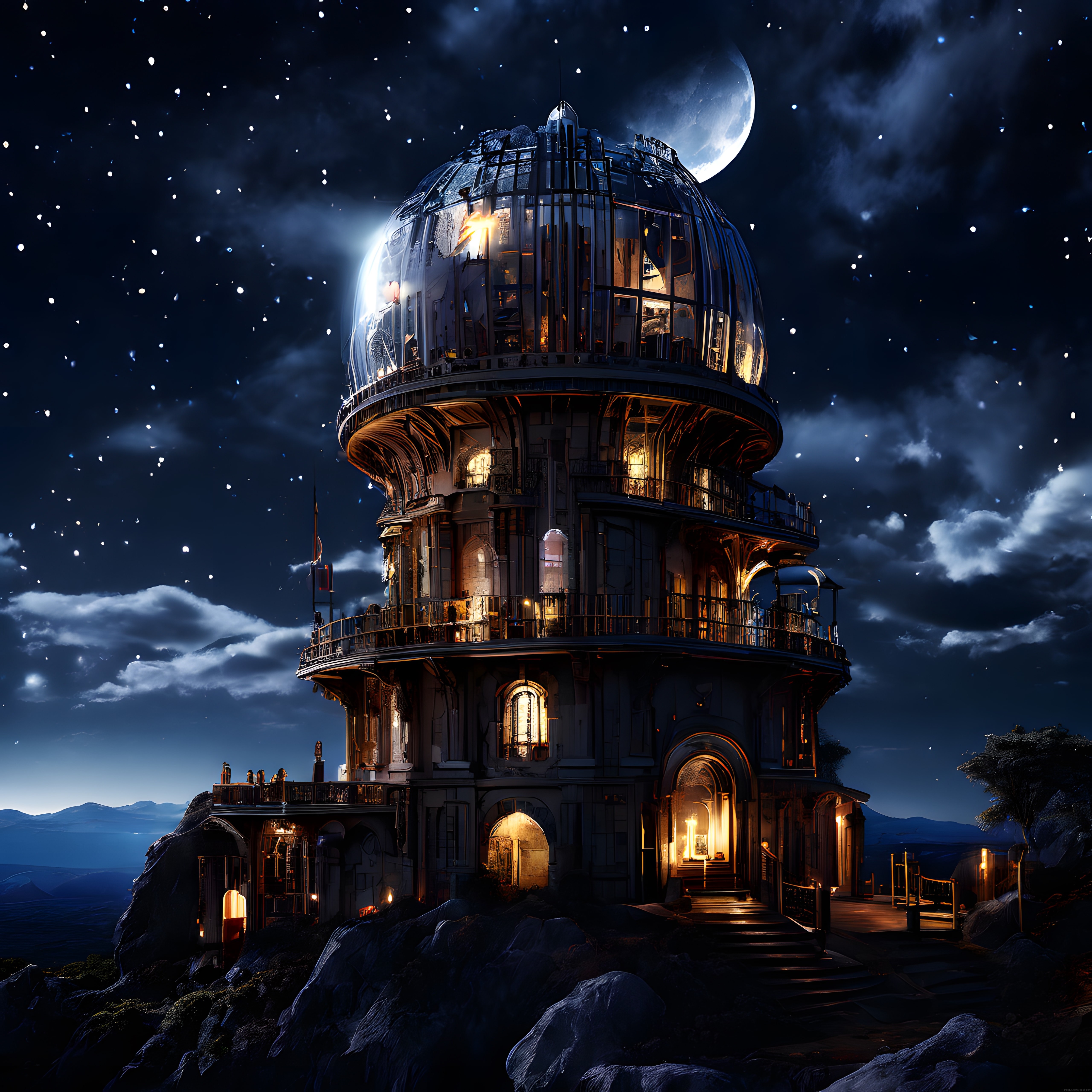 Yıldızlı Gece ve Dolunay Altında Parlayan Steampunk Gözlemevi Kulesi