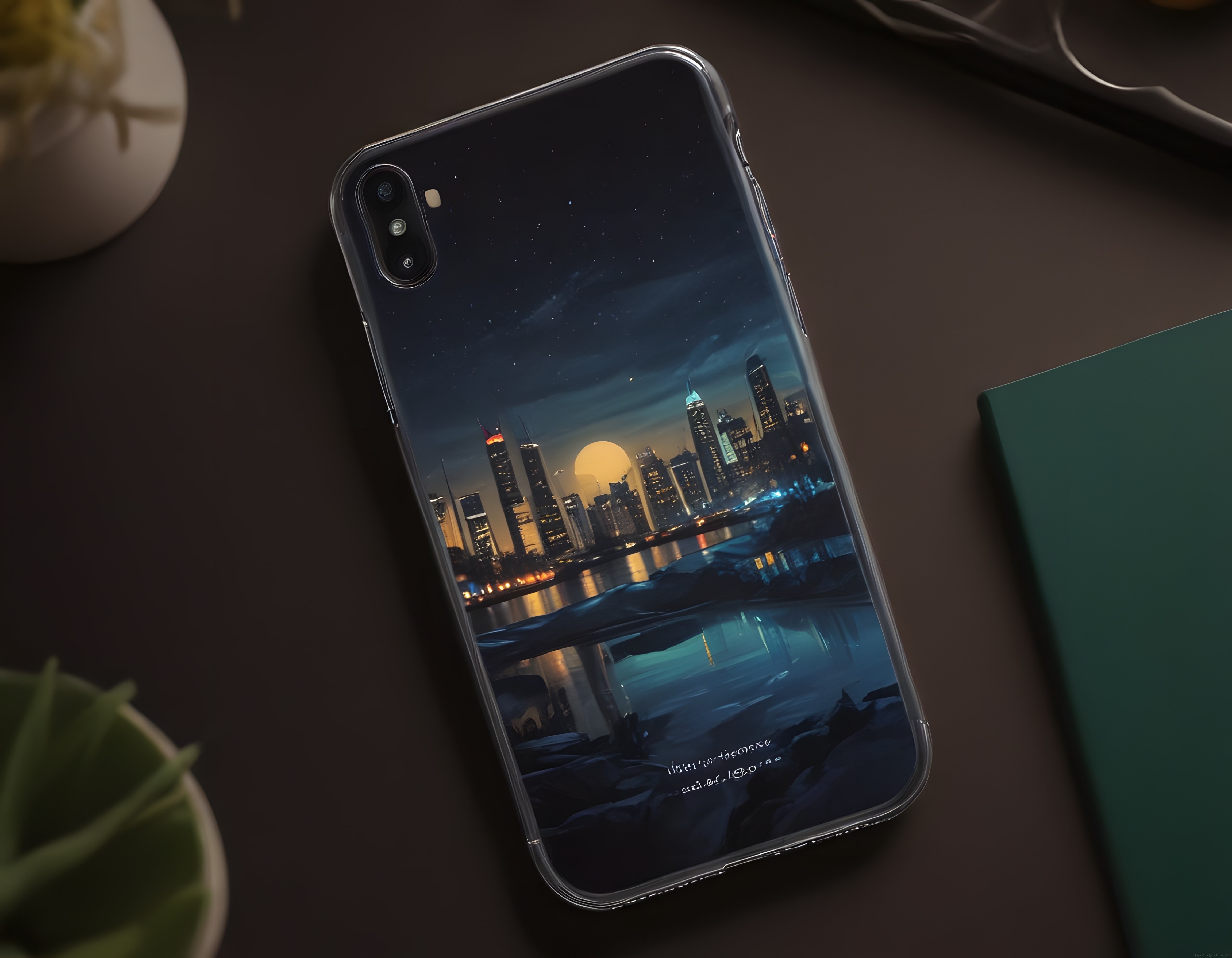 Yıldızlı Gece ve Gökdelen Manzaralı Şeffaf Telefon Kılıfı