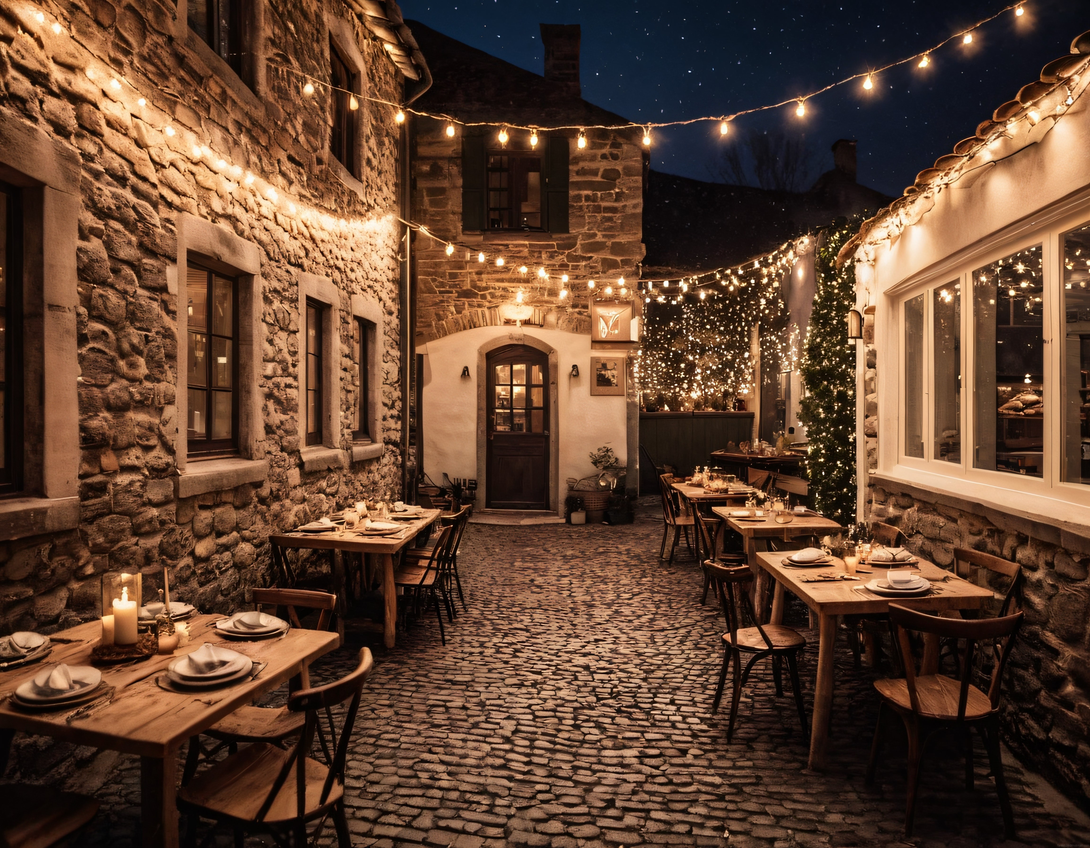 Yıldızlı Gecede Işıklı ve Mumlu Rustik Bir Restoranın Taş Avlusu