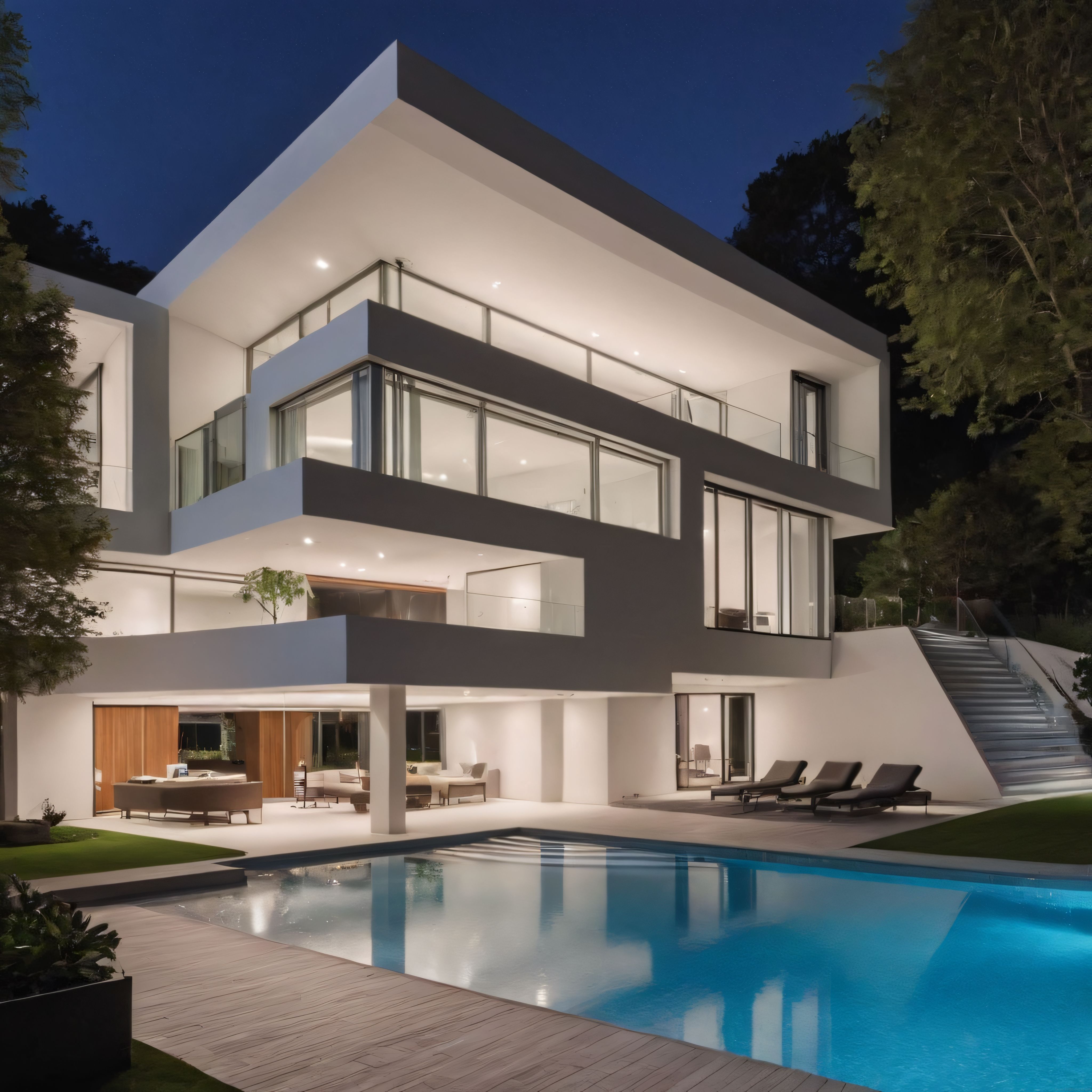 Yıldızlı Gecede Işıl Işıl Parlayan Modern Villa ve Büyüleyici Havuz Manzarası